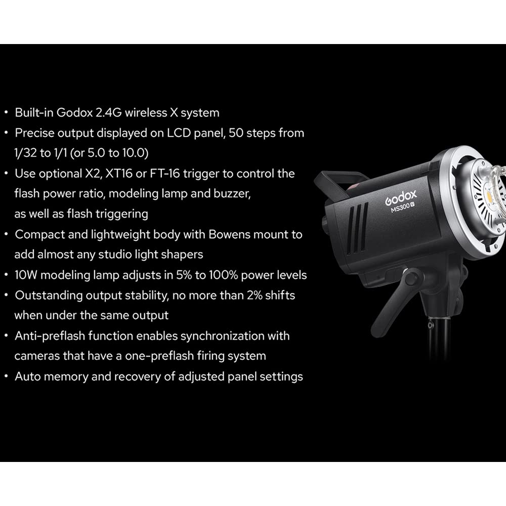 Godox Ms300V Strobe Light Kit, 300W Studio Strobe Light, 2.4G Wireless System, Recycle Time 0.1~1.8S, Bowens Mount Led Modeling