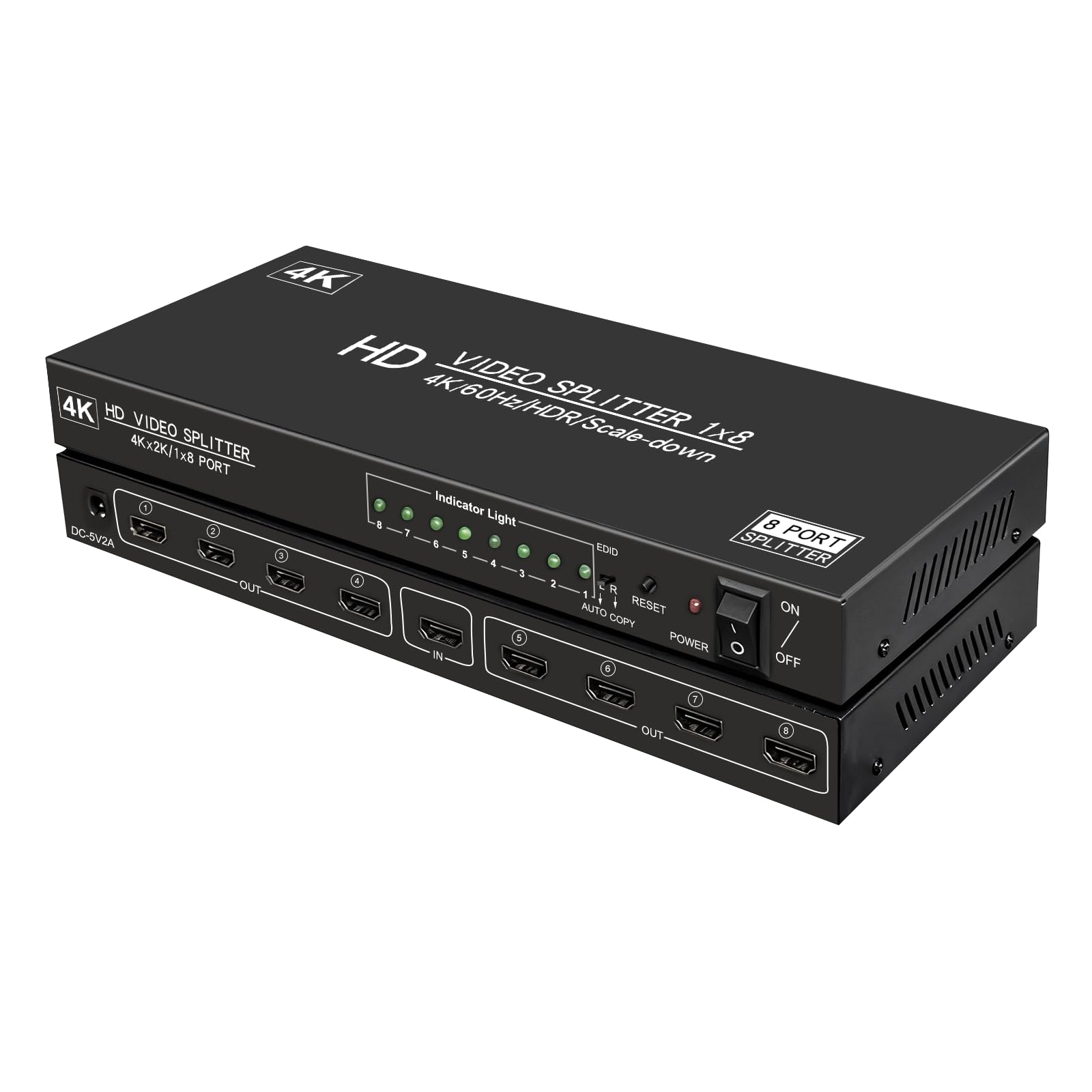 4K@60Hz 1x8 HDMI Splitter 1 in 8 Out,4:4:4,18 Gbps,8 Port Powered HDMI 2.0 Splitter Support Auto Down Scaler, 4K 1080P Sync, HDR