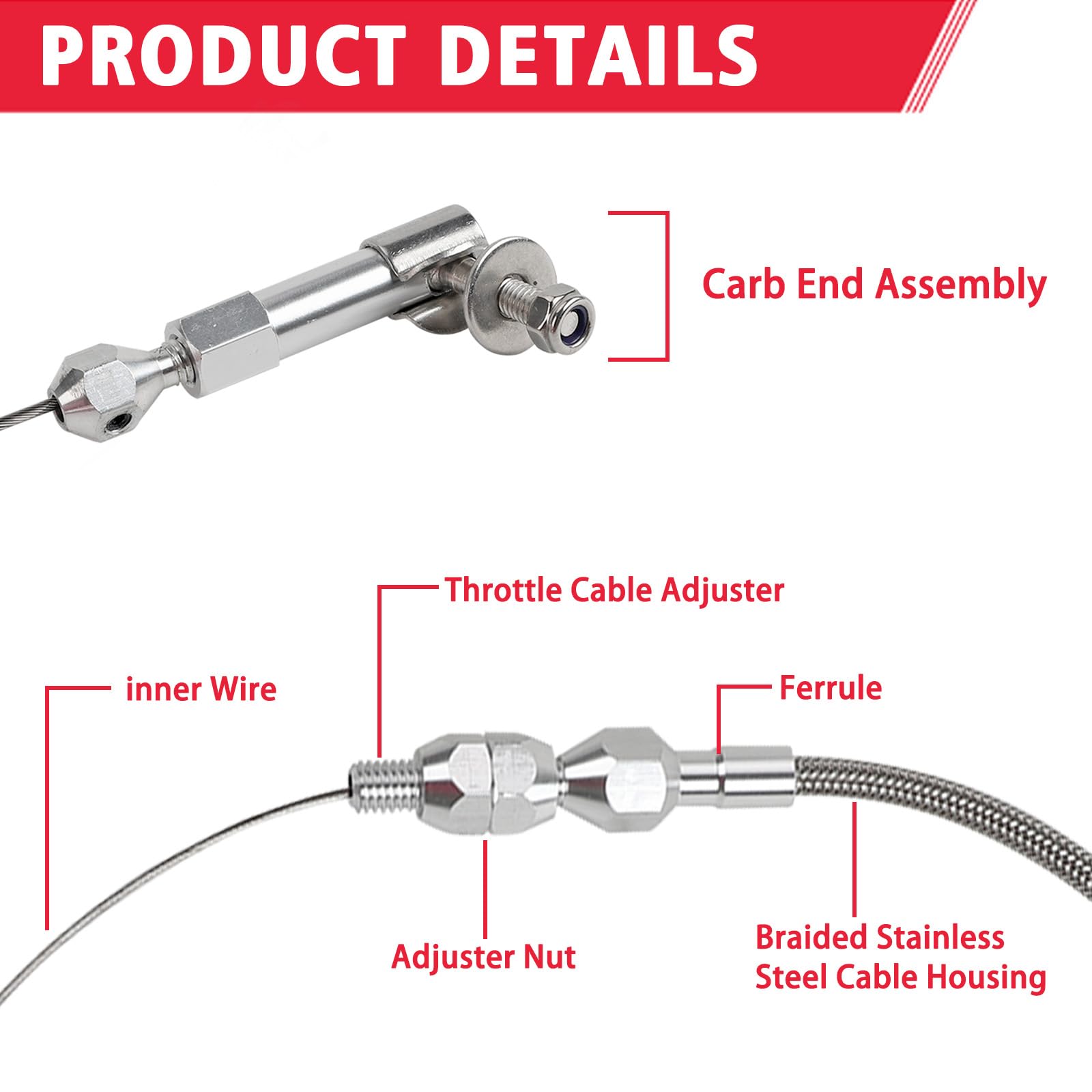 24'' Hi-Tech Universal Throttle Cable Kit Braided Stainless Steel With Aluminum Fittings Ferrules, Replacement Accelerator Cable
