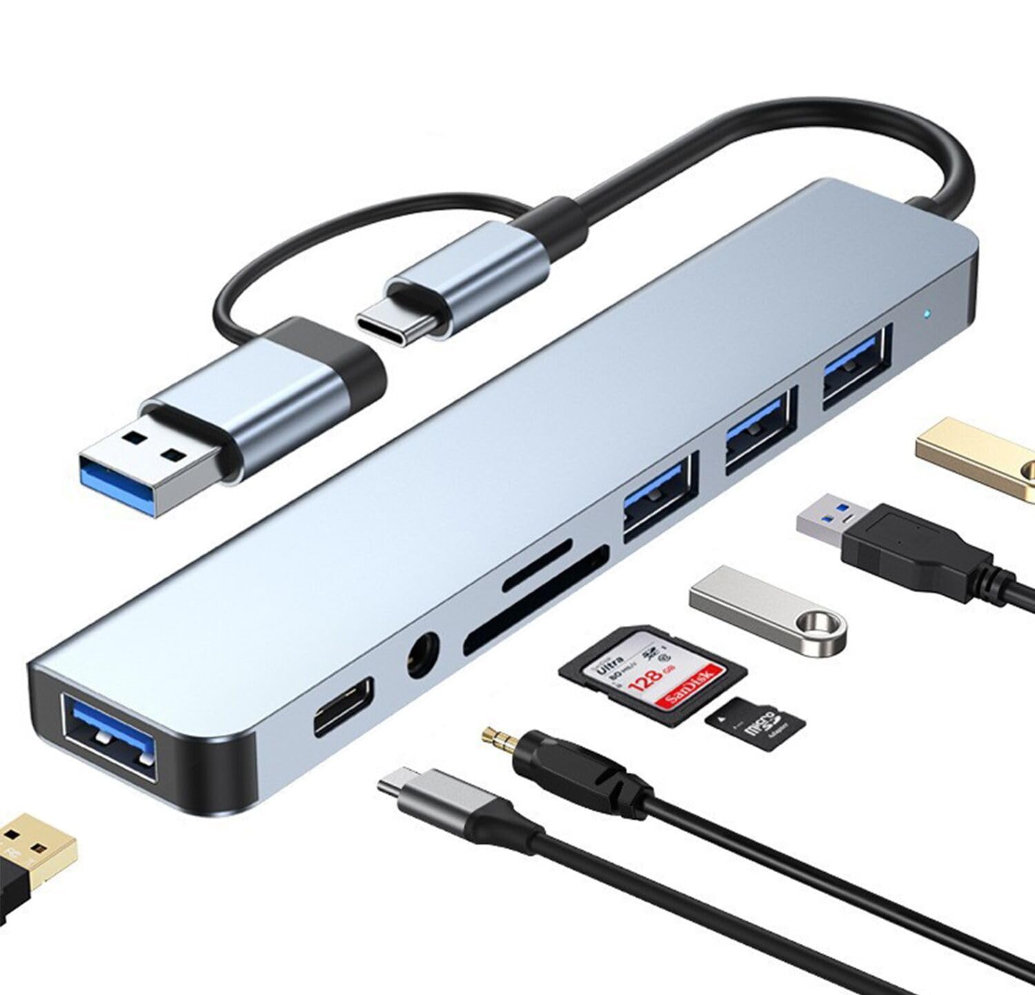Usb C Hub Usb Hub 3.0, Vienon Aluminum 8 In 1 Usb Splitter With 1 X Usb 3.0, 3 X Usb 2.0 And 1 X Usb C, Sd/Tf Card Reader, 3.5Mm Aux Ports For Macbook Pro Air And More Pc/Laptop/Tablet Devices