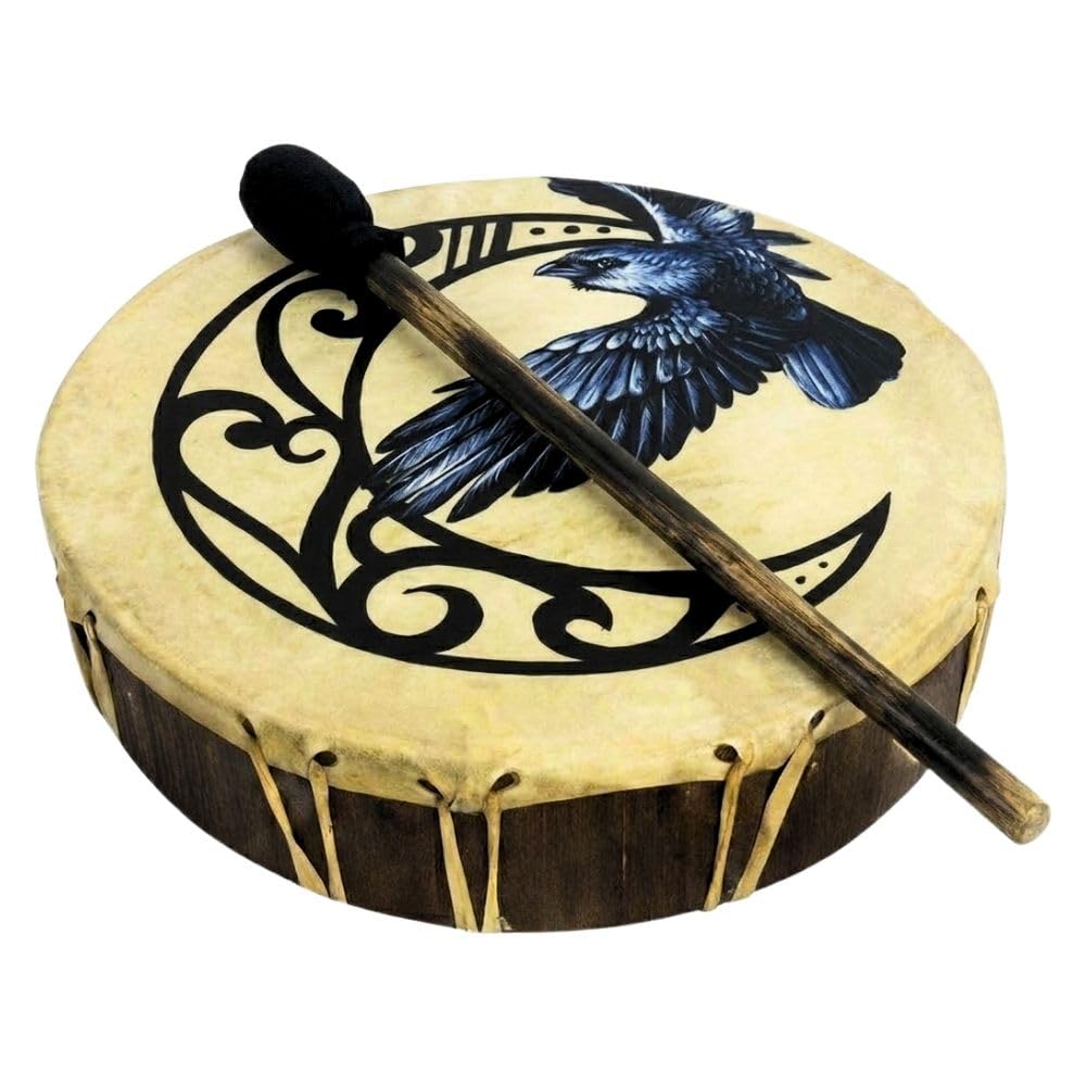 Ceremonial Frame Drum  Moon & Raven, 12inch Diamerer, Includes Beater, Handmade & Painted By Artisans In Bali