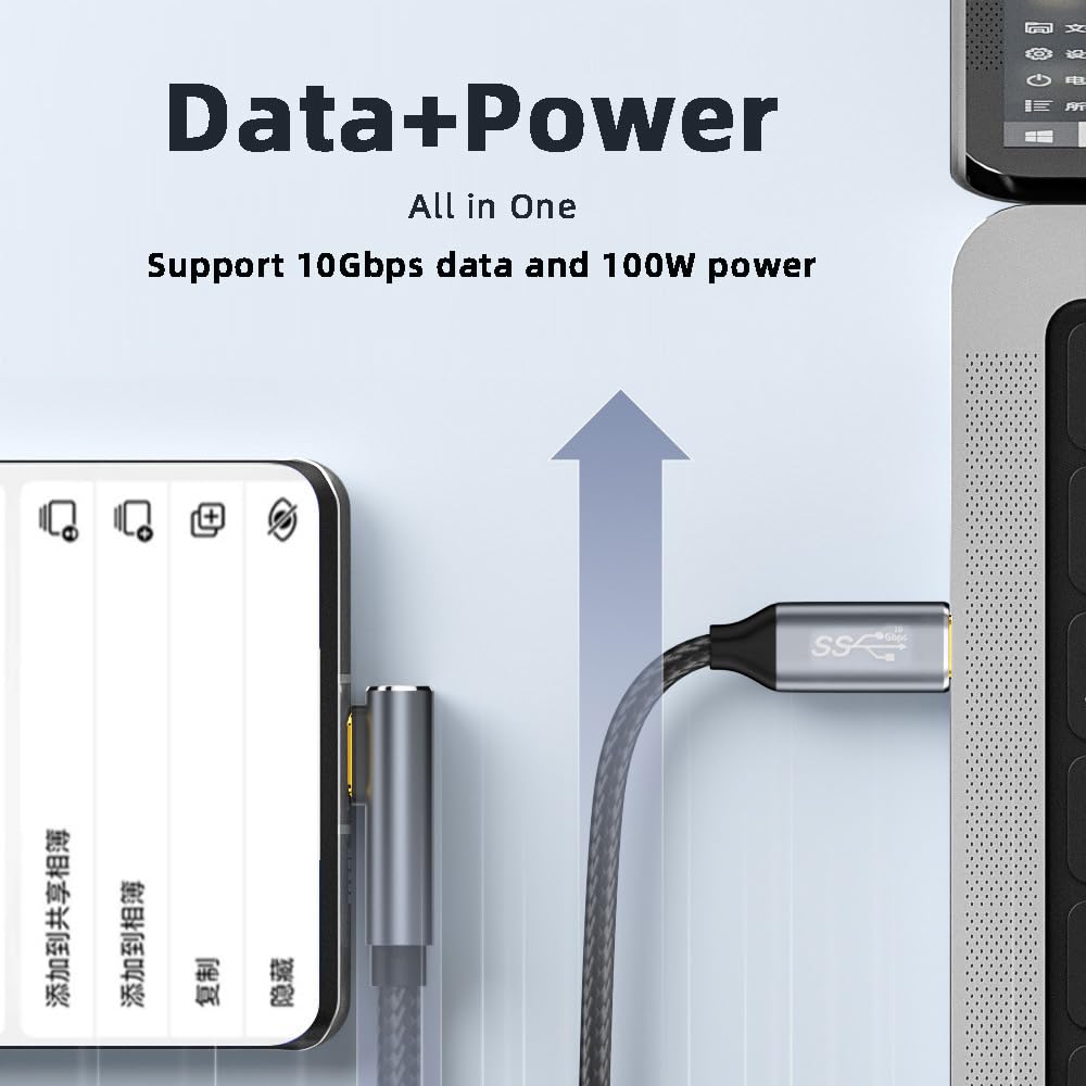 Cablecc 10Gbps 100W Reversible Data Type-C Usb-C Male To Male Usb3.1 Cable Low Profile Angled 90 Degree For Laptop Phone 300Cm