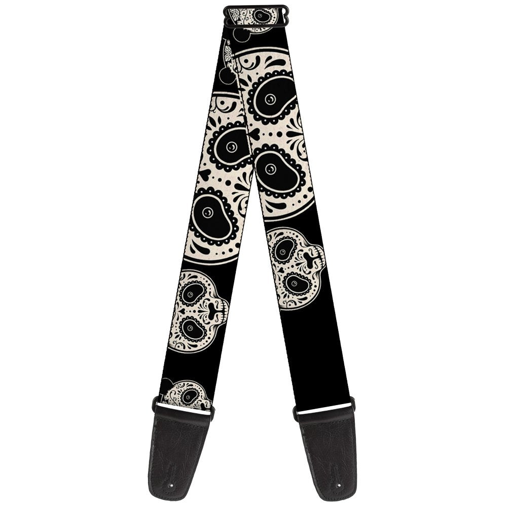 Guitar Strap Panda Bear Sugar Skull Close Up Scattered Black Cream 2 Inches Wide