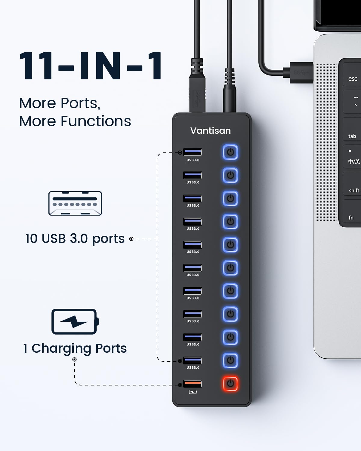 Usb Hub,Powered Usb Hub, 11 Port Hub Splitter,10 Usb 3.0 Data Transfer Port + 1 Smart Charging Port,Independent Switch (With Led