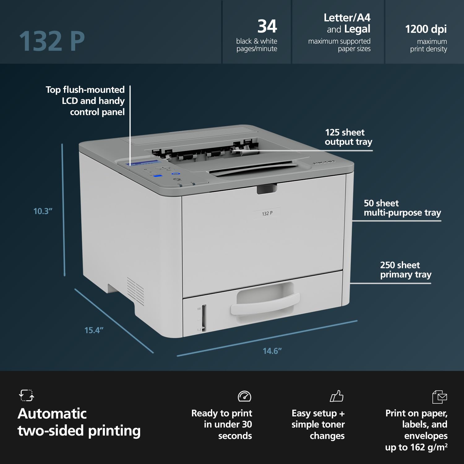 RICOH 132 P Black & White Laser Printer | 34ppm | Ethernet, USB | Duplex Printing