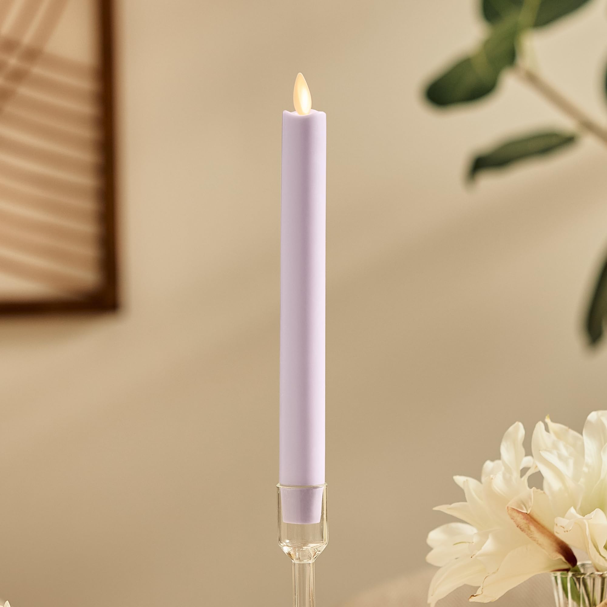 Luminara Flameless Candle Taper (1'' X 9.5'') Melted Top Real Wax Unscented Remote Ready Timer (Gentle Lavender)