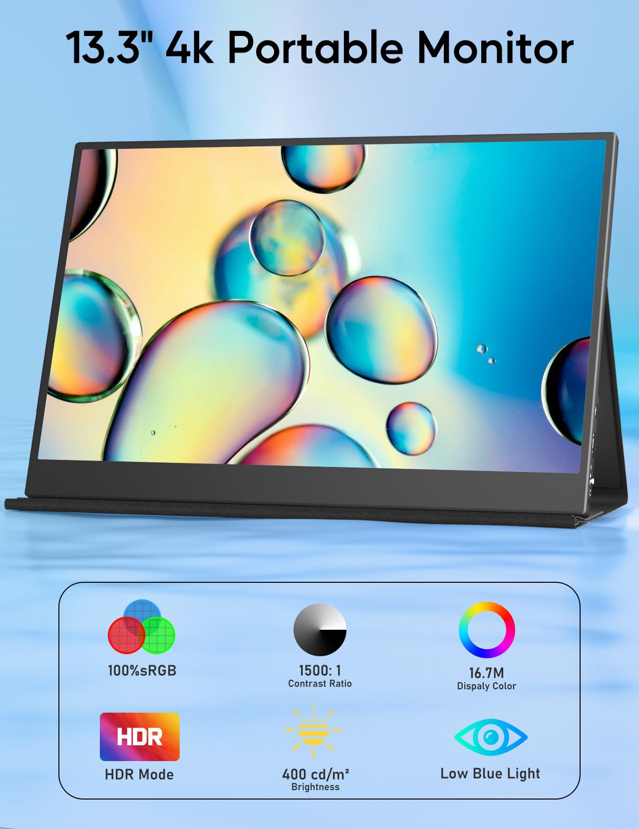 Ounshli 4K Portable Monitor, 13.3'' 3840 * 2160 Ips Portable Monitor For Laptop, Slim Lightweight Hdr Travel Monitor Usb C Hdmi