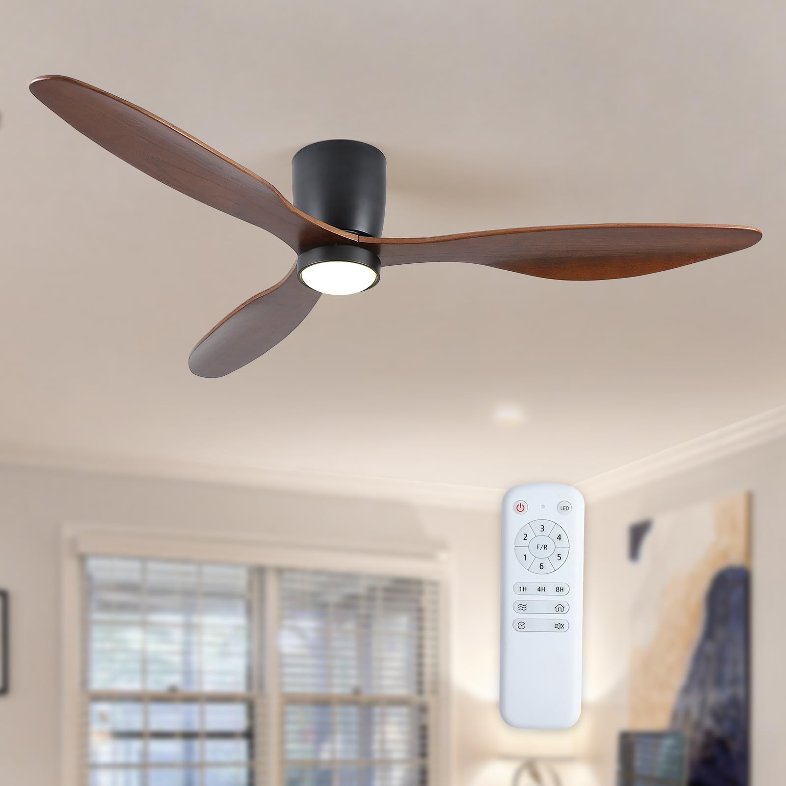 52 Inch Low Profile Ceiling Fan With Lights, Flush Mount Ceiling Fan, 3 Wood Blades, Noiseless Dc Motor   Timer Function, 6 Adju