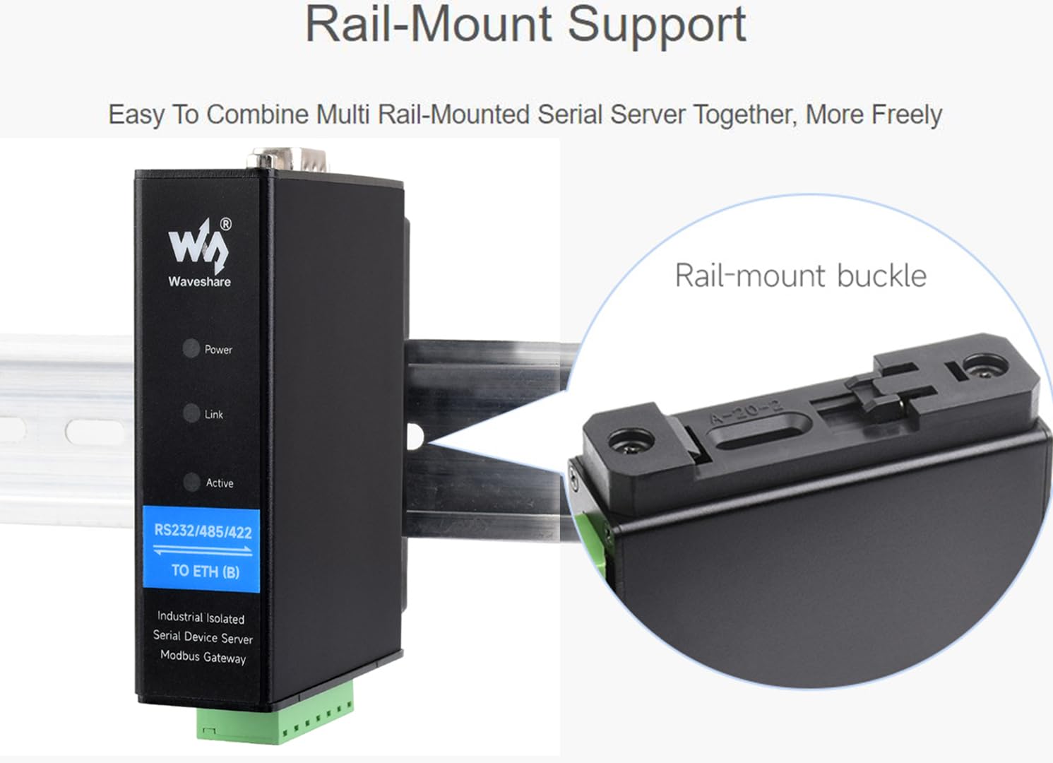 Waveshare Industrial Isolated Rail Mount Rs232/485/422 Serial Server, Rs232/485/422 To Rj45 Ethernet Module, Tcp/Ip To Serial Co