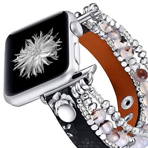 Fastgo Bracelet Band Leather Compatible With Apple Watch 42Mm 44Mm 45Mm 49Mm Women, Cute Elastic Beaded Floral Strap For Iwatch