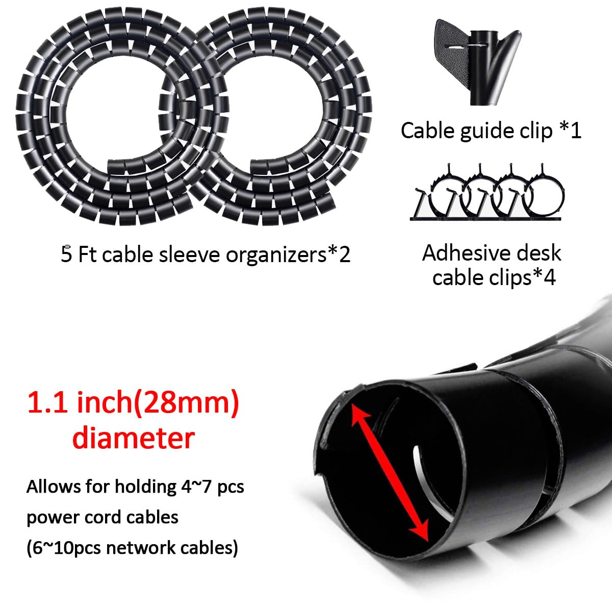 Fanoshon Large Pc Cable Management Tube Sleeve Under Desk Wire Organizer For Cords 2 Pcs Black, 1.1 Inch  5 Ft Ez Spiral Cable W