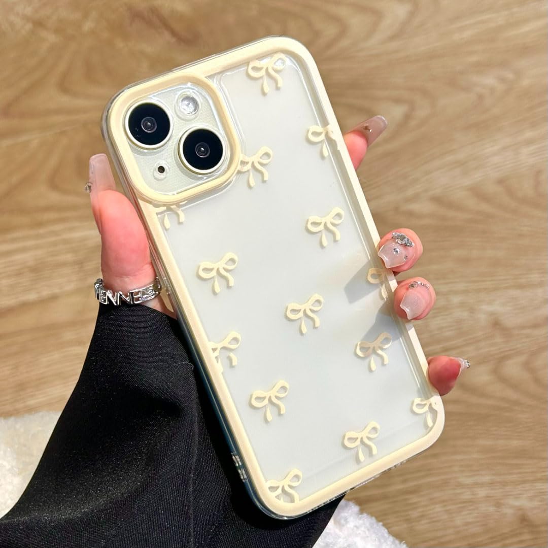 Eyzutak Case For Iphone 14 Plus, Clear Cute Ribbon Bowknot Pattern Aesthetic Transparent Phone Case Raised Camera Protection Sty