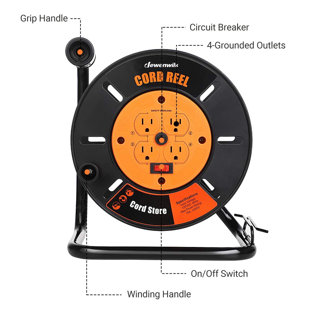 Dewenwils Extension Cord Storage Reel With 4 Grounded Outlets, Heavy Duty Open Cord Reel For 12/3,14/3,16/3 Gauge Power Cord, Ha