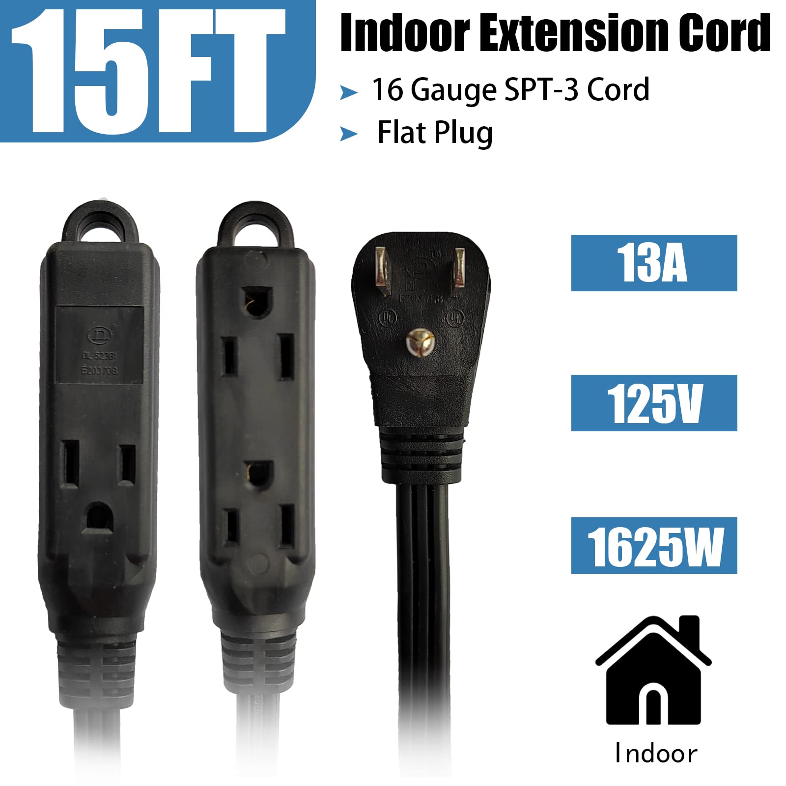 Greatide 15 Ft 3 Outlet Extension Cord With Flat Plug, 3 Prong Grounded, 16/3 Spt 3 Power Cable For Indoor Use, Black, 2 Pack