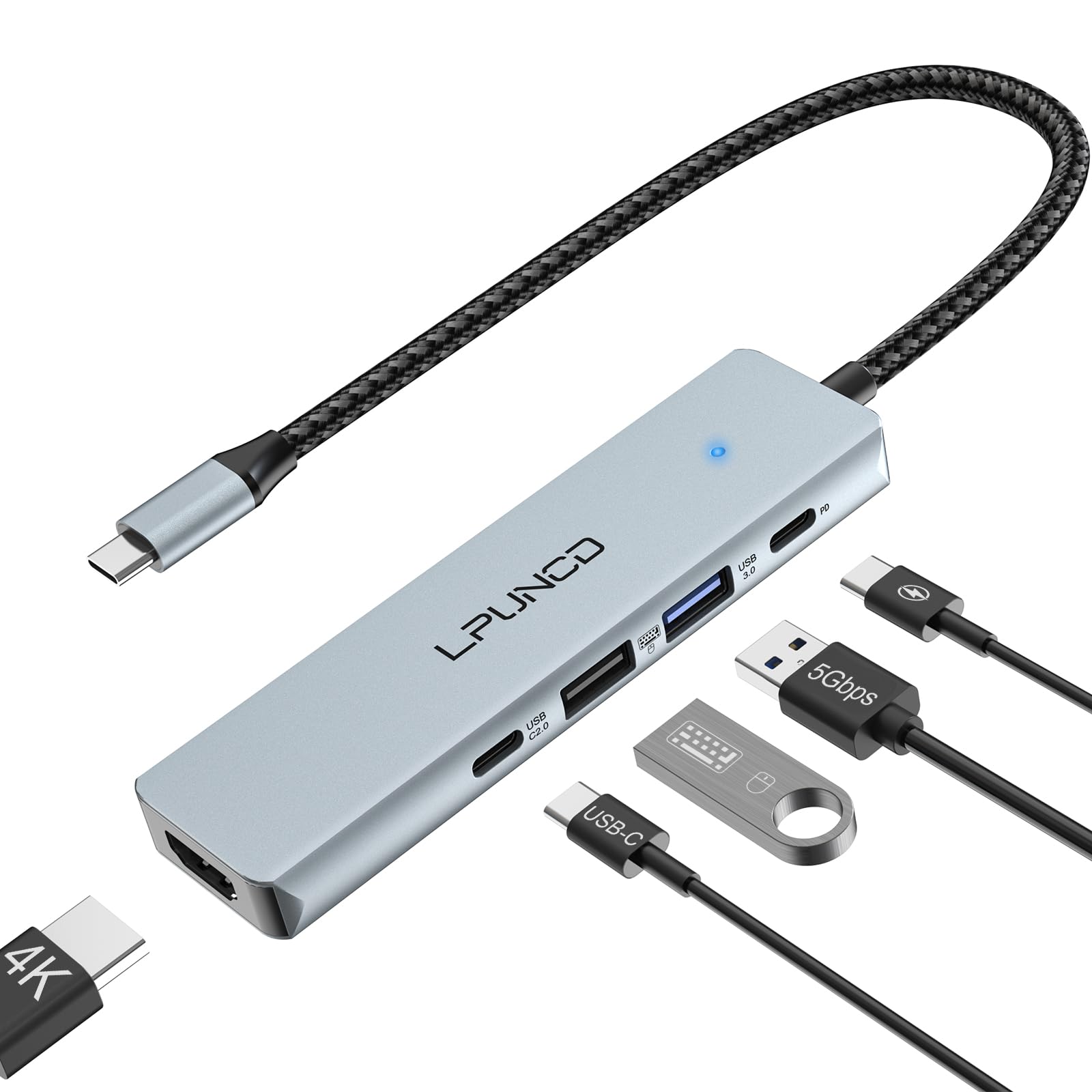 Usb C Hub 4K Hdmi, Laptops Docking Station (5 In 1) Multiport Adapter, 100W Power Delivery, 2 Usb A And Usb C Ports For Macbook