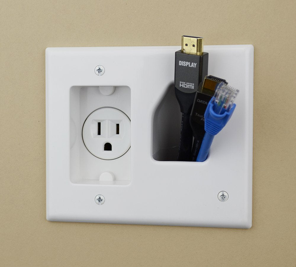 Data Comm Electronics 45 0021 Wh Low Voltage Cable Plate With Recessed Power , White