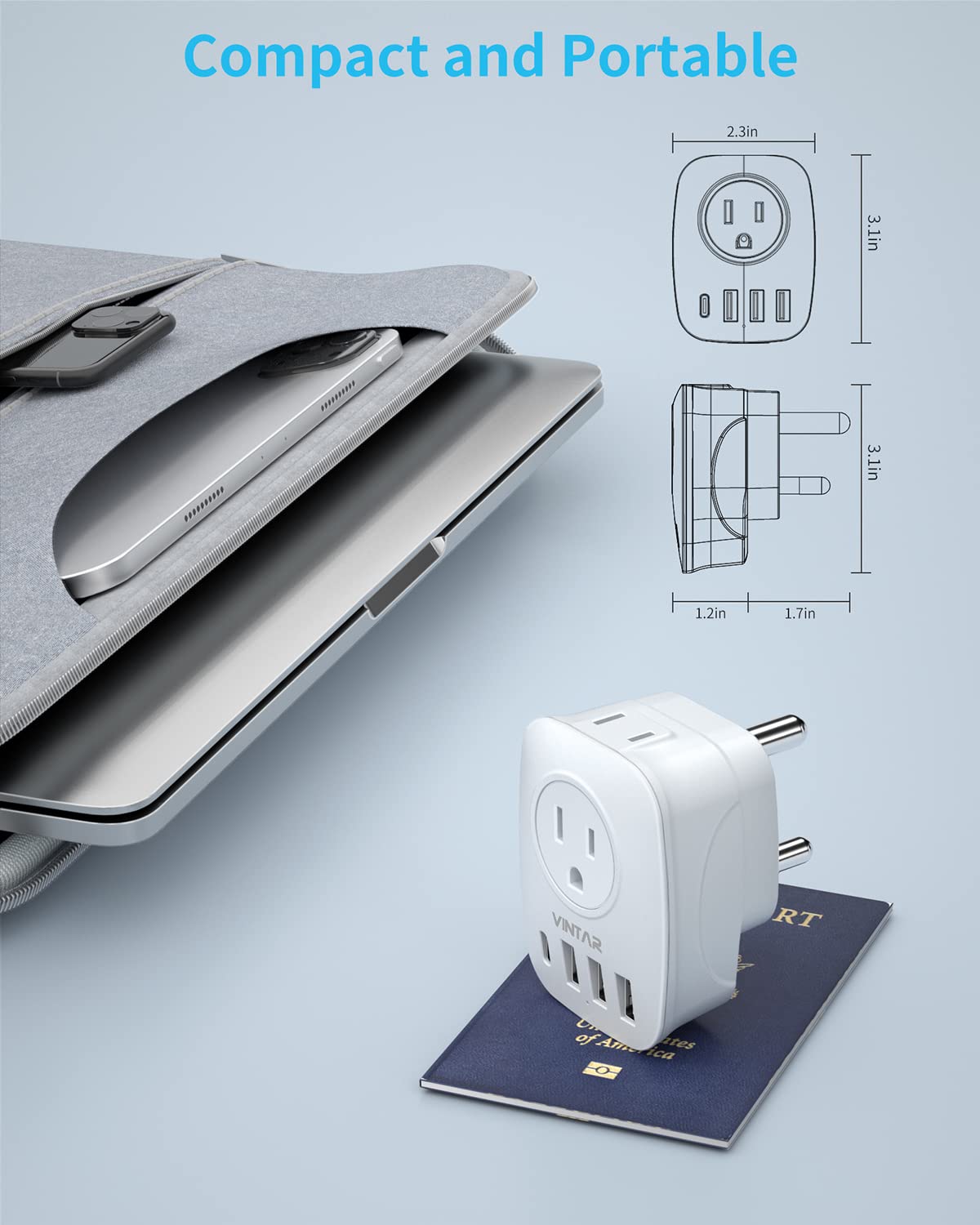 2 Pack South Africa Plug Adapter, Vintar Type M Plug Adapter With 1 Usb C, 3 Usb Ports And 2 American Outlets, 6 In 1 Travel Ada