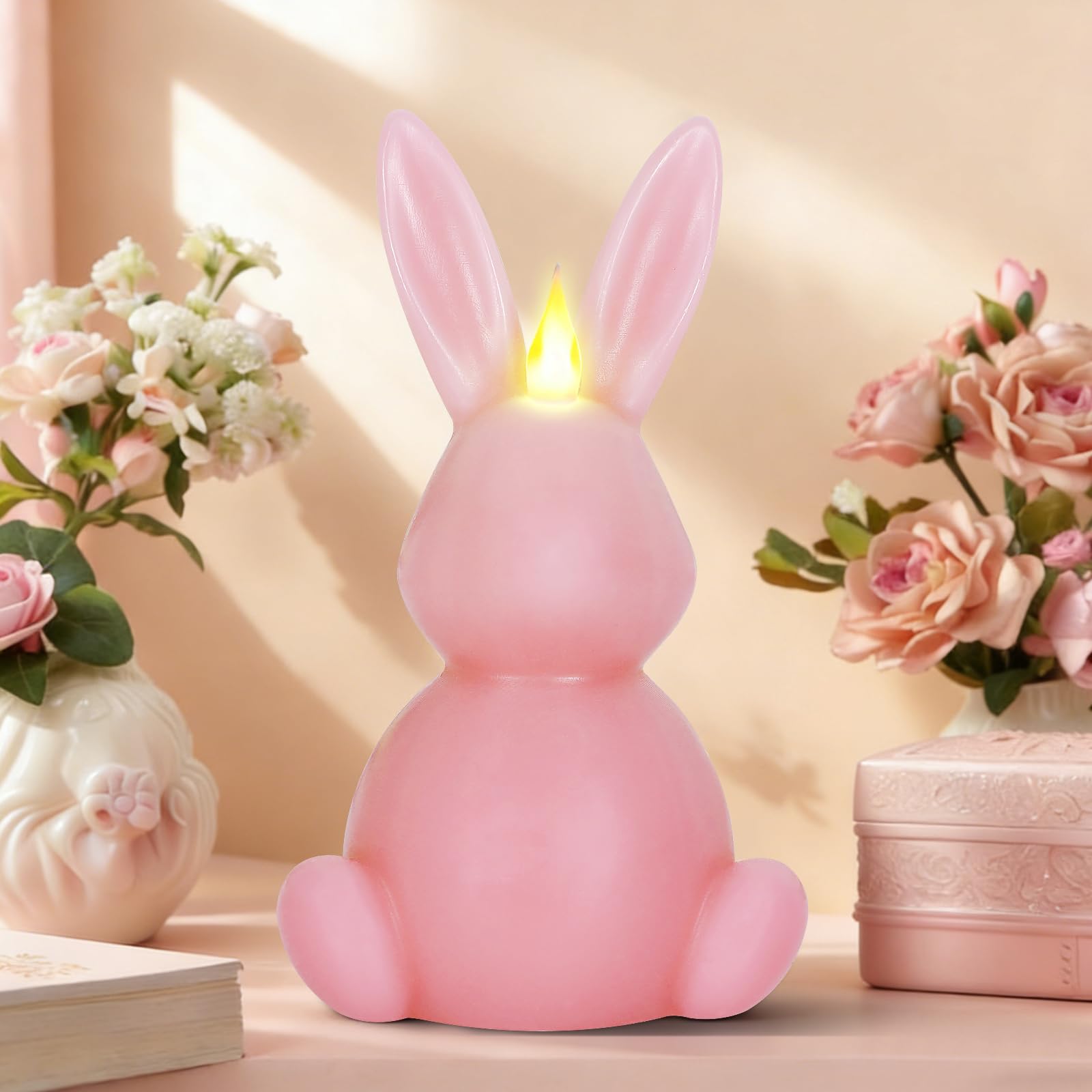 Leorate Pink Easter Bunny Flameless Candles, Real Wax Carved LED Candle Battery Operated, Scented Bunny Shape Easter Decorations