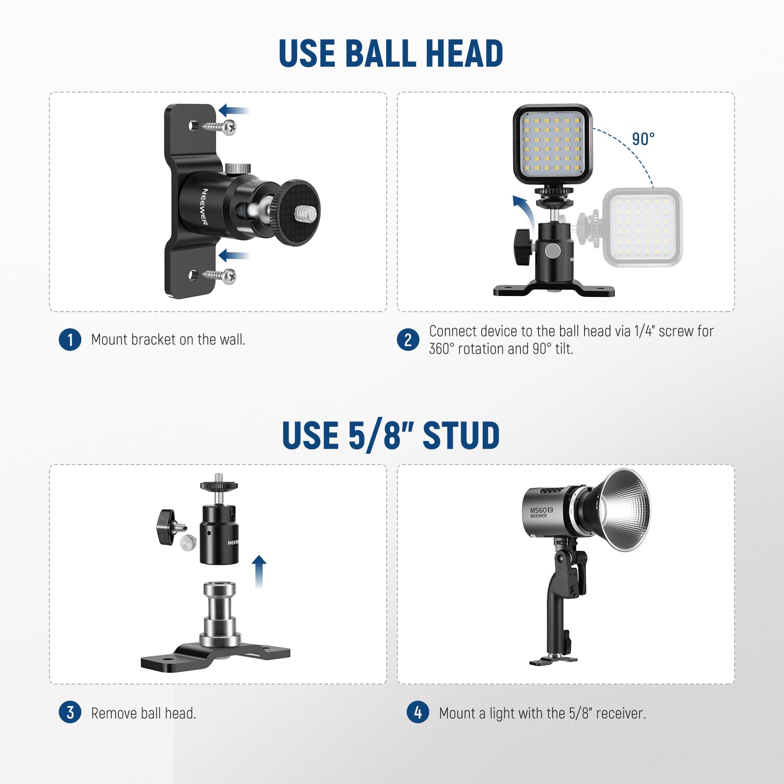 Neewer 2 Pack T Type Wall Ceiling Mount, Ring Light Wall Mount Bracket With Detachable Ball Head, 5/8'' Stud, 1/4'' Screw For Fl