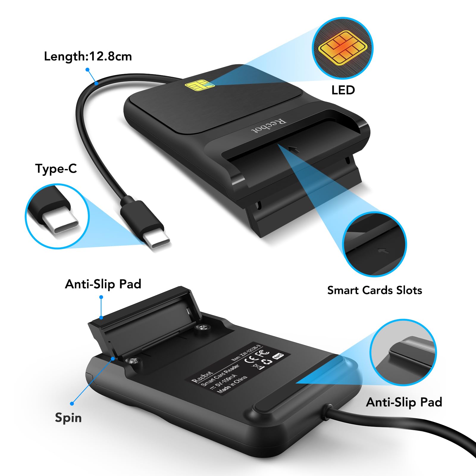 Recbot Cac Reader Military, Cac Reader Usb C, Dod Military Usb C Common Access Cac Card Reader Military, Compatible With Windows