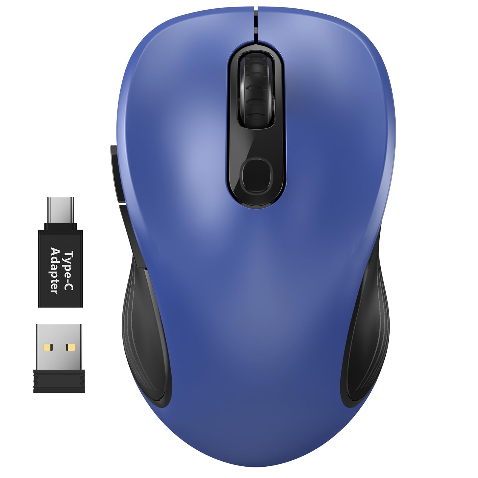 Wisfox 2.4G Wireless Mouse For Laptop, Ergonomic Computer Mouse With Usb Receiver And Type C Adapter, 3 Adjustable Levels, 6 Button Cordless Wireless Mice For Windows Mac Pc Notebook (Blue)