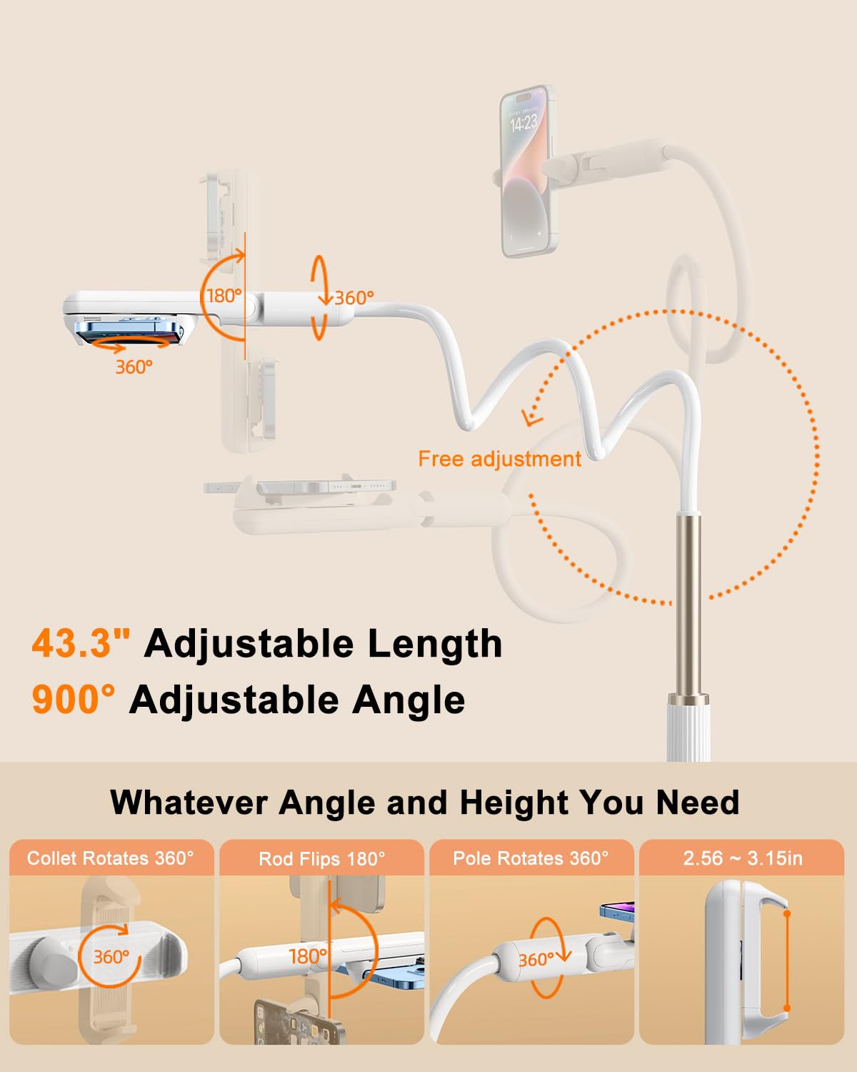 Nediea Phone Holder For Bed, Gooseneck Cell Phone Stand With Clamp Mount, 900 Rotation Overhead Lazy Bracket With Flexible Long