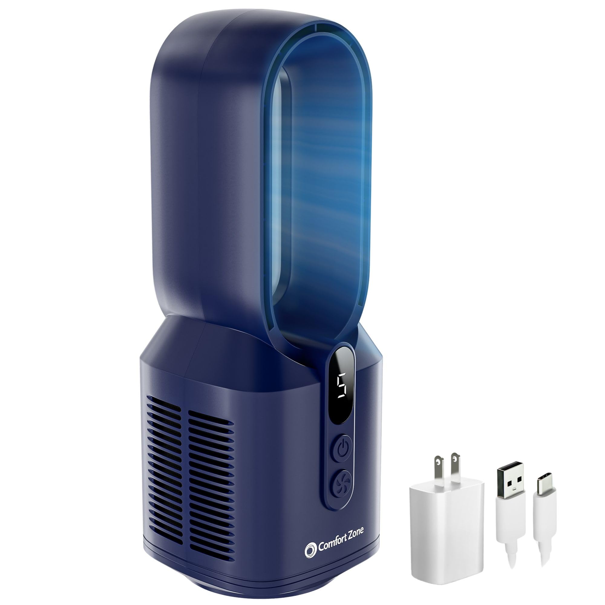 Comfort Zone 14-Inch Rechargeable Bladeless Tabletop Fan with 5 Speeds, Display Screen, Non-Slip Feet, Quiet Operation - Portabl