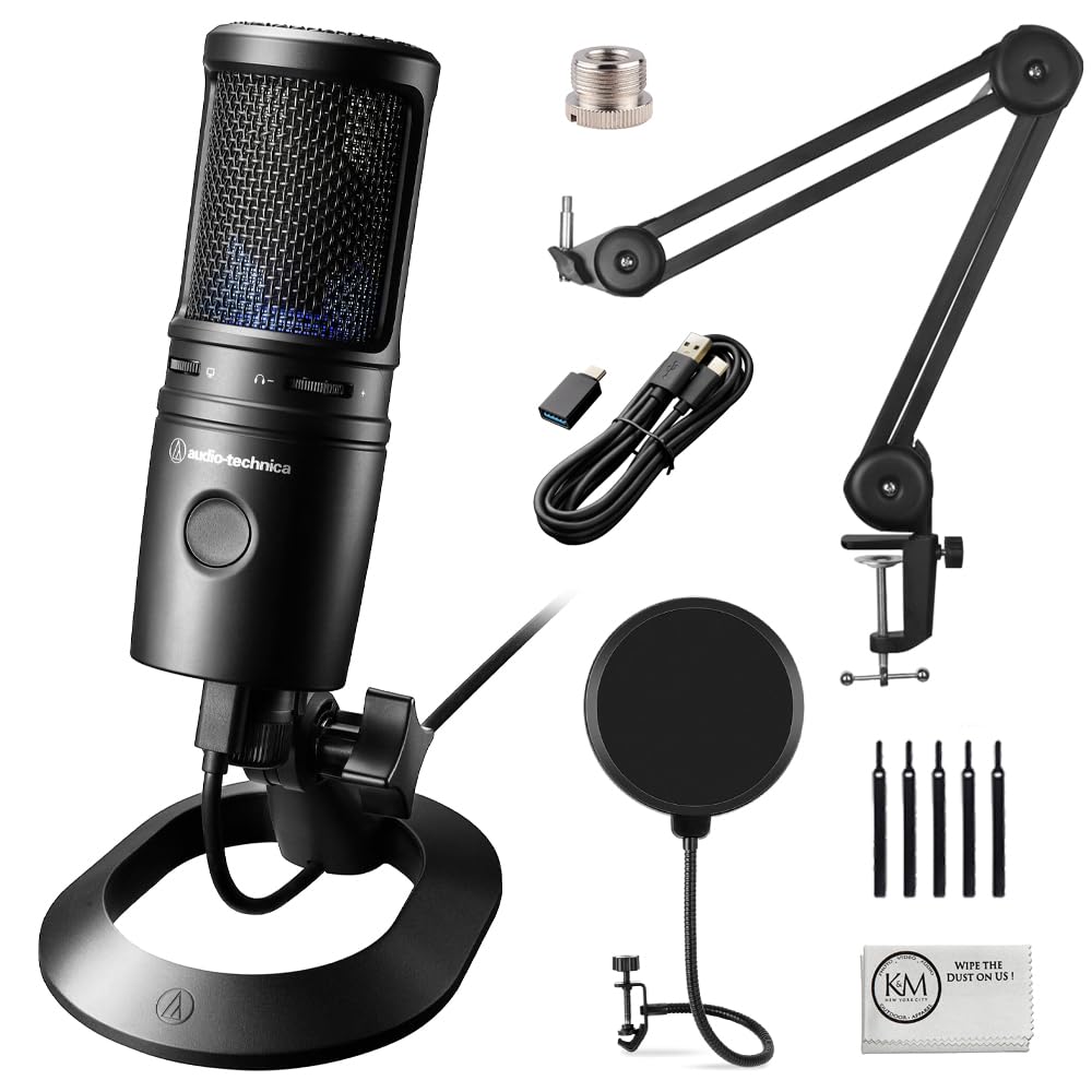 Audio-Technica AT2020USB-X Cardioid Condenser USB Microphone with Microphone Arm + Wind Screen Pop Filter + Cleaning Cloth (4 It