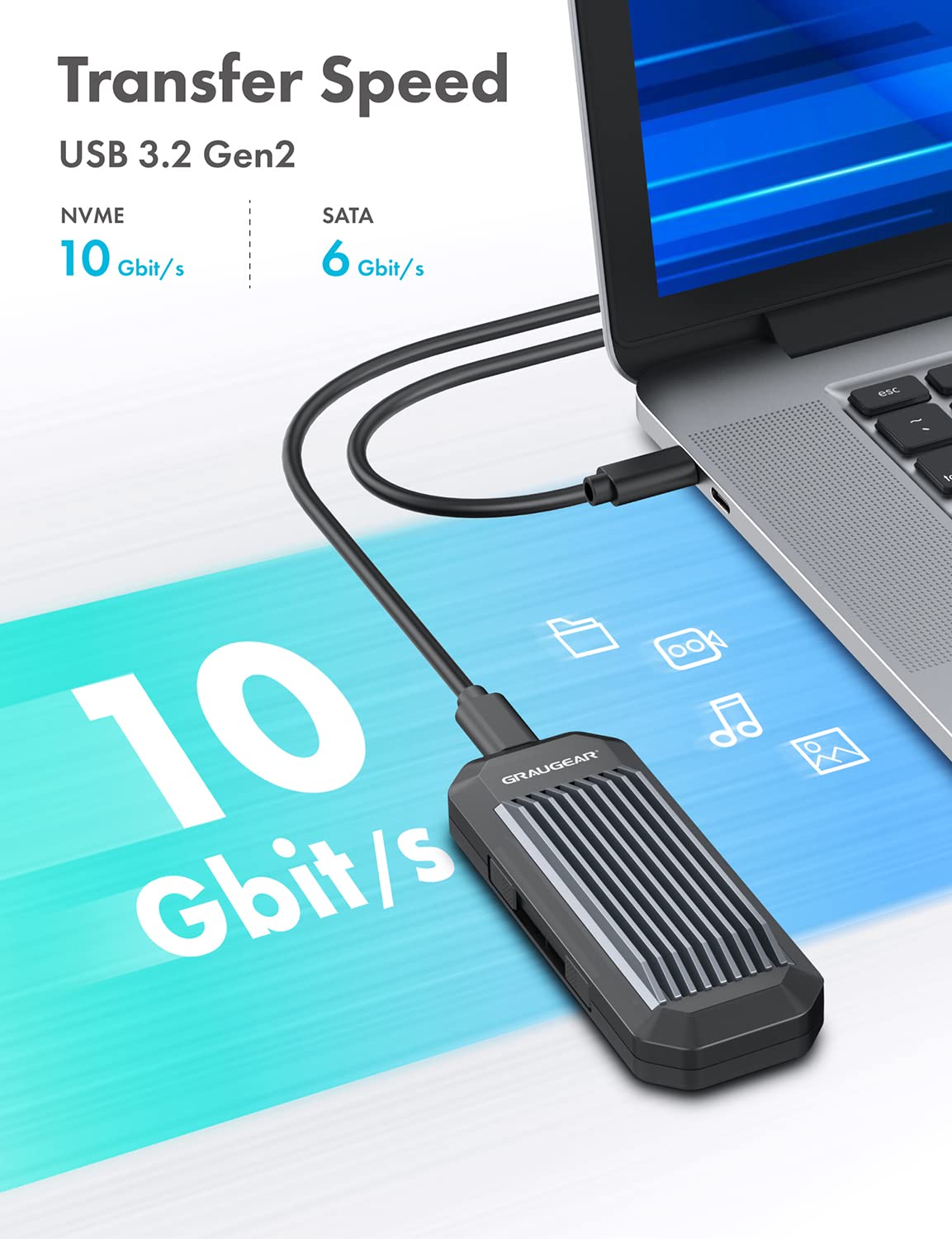 Graugear M.2 Nvme Sata Ssd Enclosure Adapter Tool Free, Usb C Usb3.2 Gen2 10Gbps M2 Ssd Enclsoure External Case Support Uasp Tri