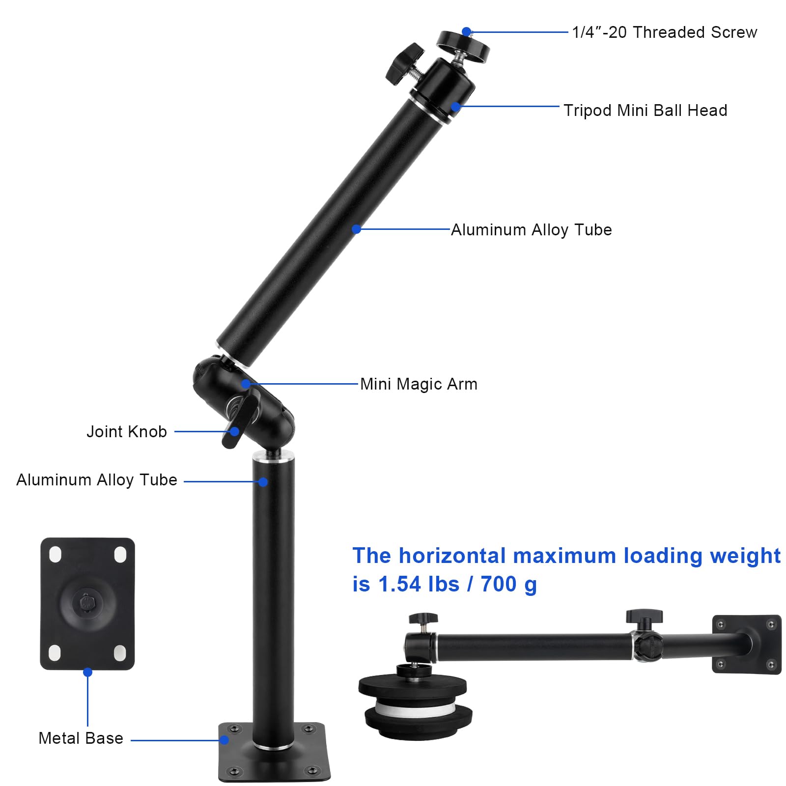 Mippko Articulating Wall Mount Camera Arm With 1/4 Inch 20 Threaded Compatible With Digital/Security/Webcam/Cctv Pov Camcorder/Video Light/Small Cameras,Adjustable Aluminium Alloy Arm