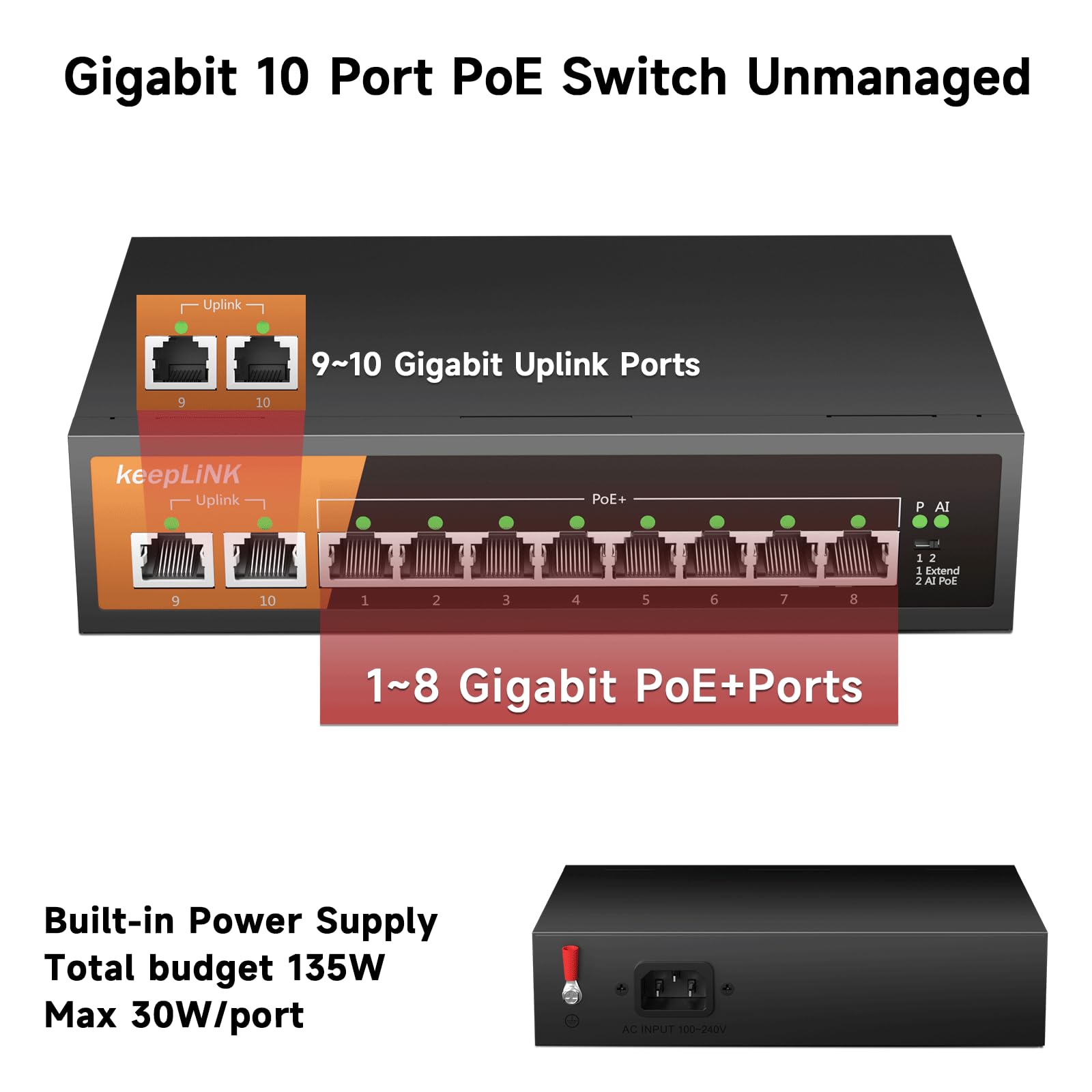 Keeplink 8 Port Gigabit Poe Switch With 2 Gigabit Uplink, 135W Built In Power Supply, 802.3Af/At Compliant, Desktop Or Wall Moun
