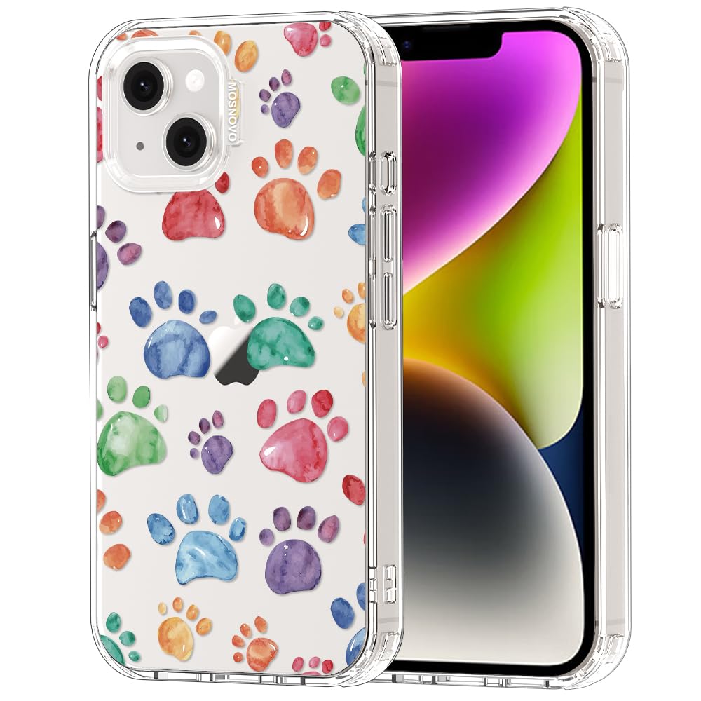 MOSNOVO for iPhone 13/14 Case | Military Grade 6.6ft Drop Tested | Clear with Colorful Paw Design