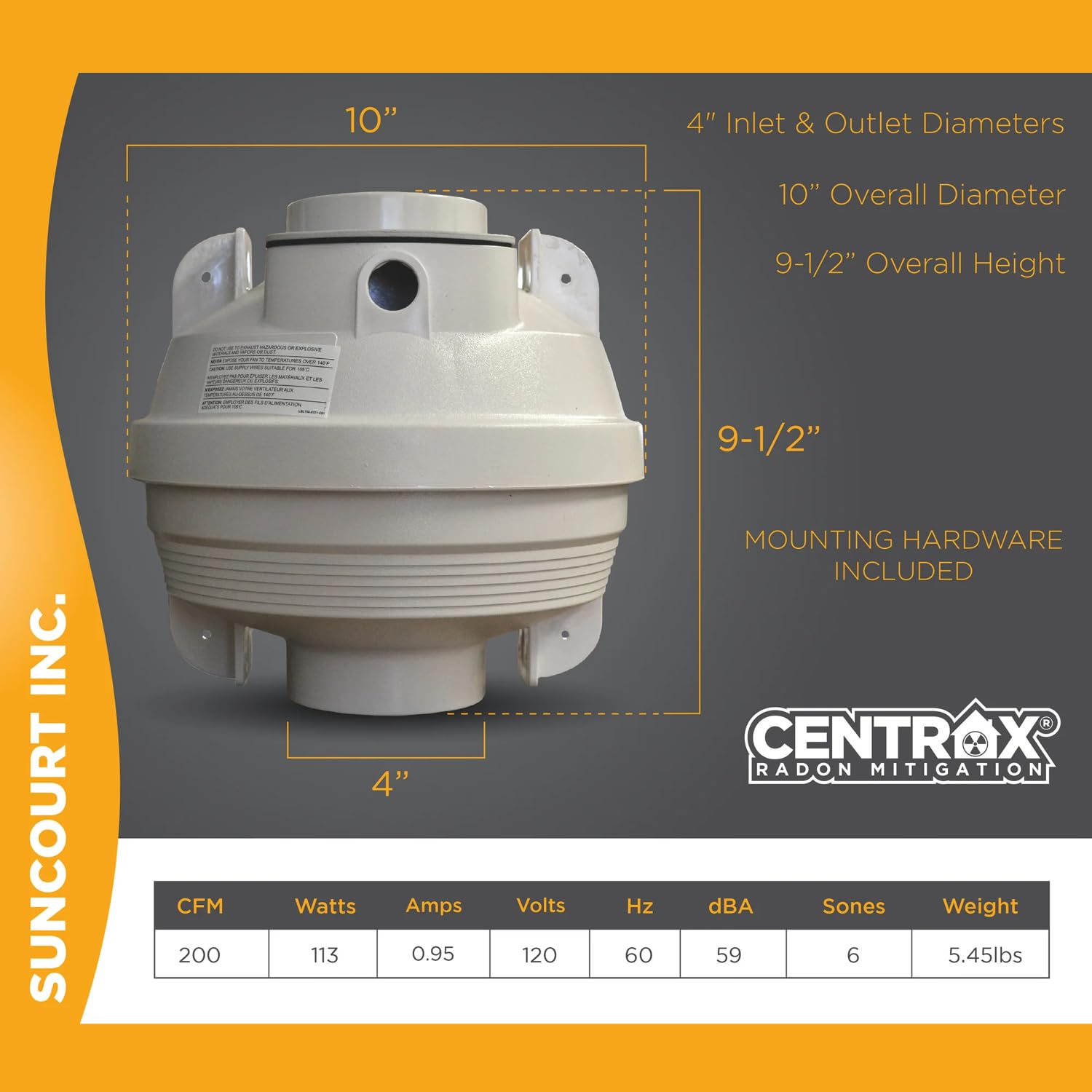 Suncourt Centrax Rdk04 3 Radon Fan Mitigation Kit, Indoor And Outdoor Installation, Inline Centrifugal Fan With Rubber Couplers