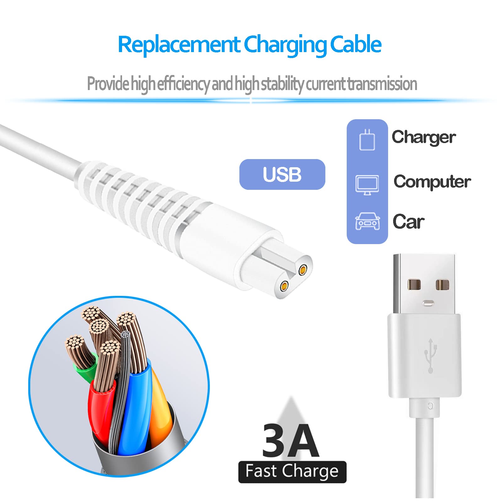 ATUOE Charging Cable for Flawless Legs Shaver - 2 Pack Power Cord, Electric Trimmer Charger, White, 1 Count (Pack of 2)