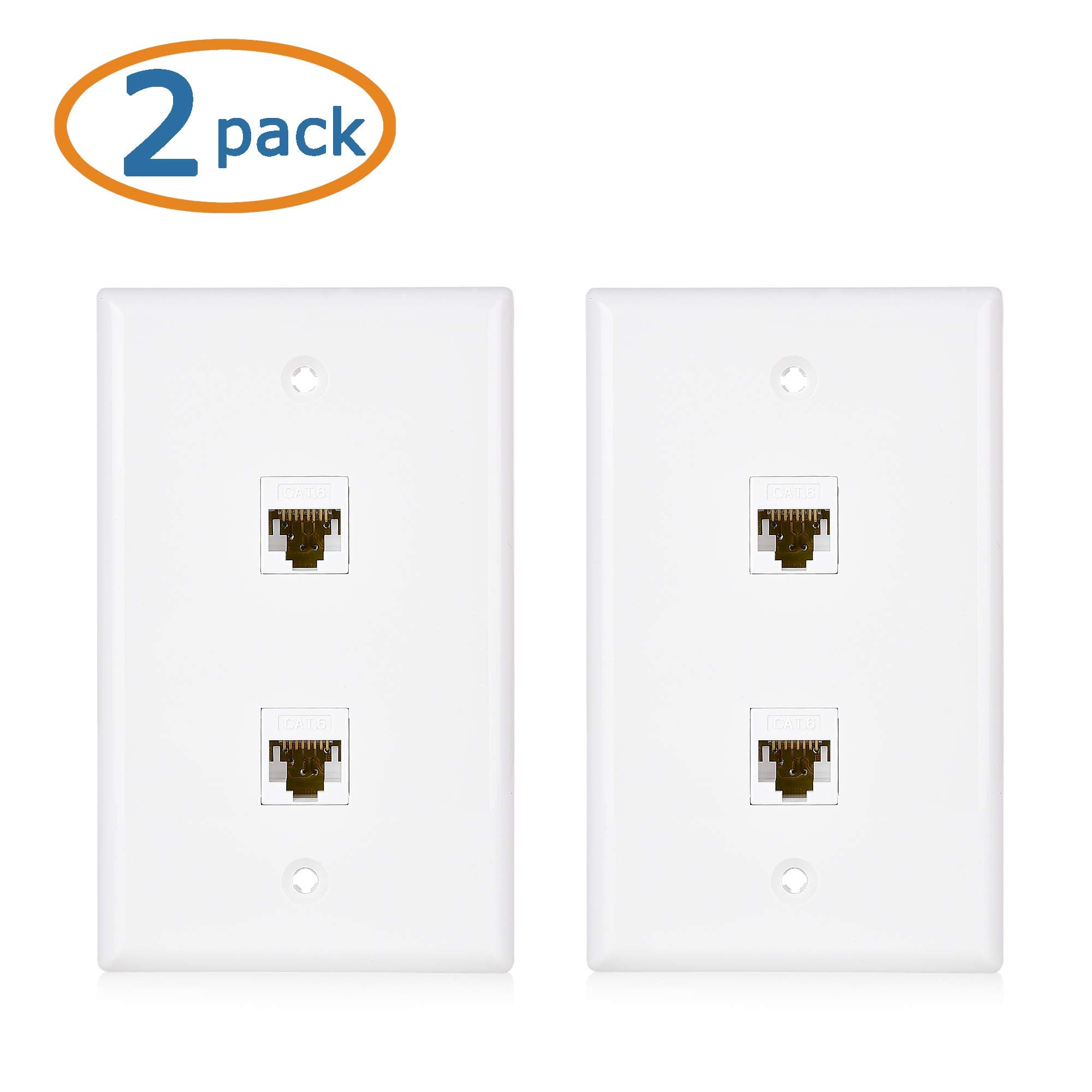 Cable Matters 2 Pack 2 Port Ethernet Wall Plate, Cat6 Wall Plate / Cat5 Ethernet Wall Outlet In White With White Ethernet Keysto