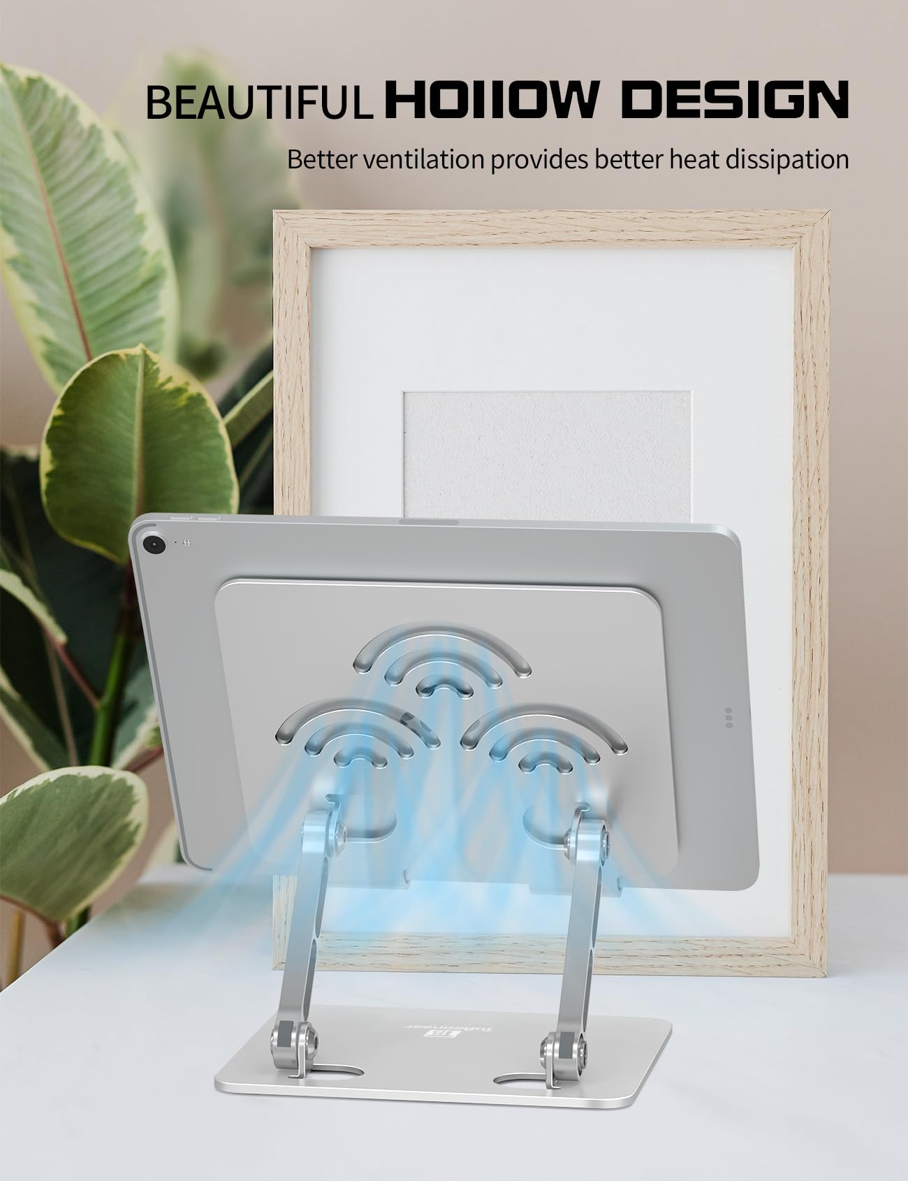 ToBeoneer Adjustable Tablet Stand for Desk, Premium Aluminum Holder for iPads, Tablets, Kindles, Switch, Phones, and All Devices up to 14 Inches. Portable and Foldable Silver, Plus Size