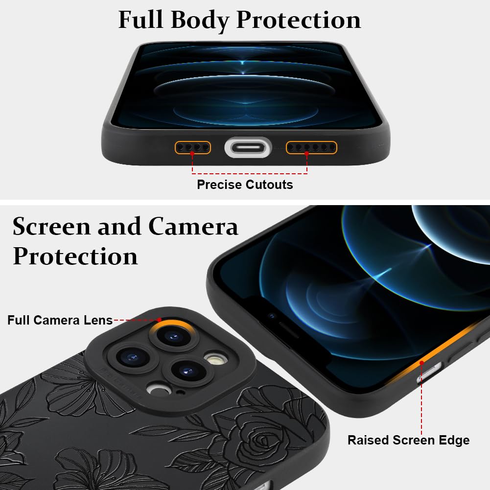 Lsl Case For Iphone 12 Pro Max Black Floral Flower Pattern Print Case Soft Tpu Full Camera Lens Anti Drop Anti Scratch Shockproo