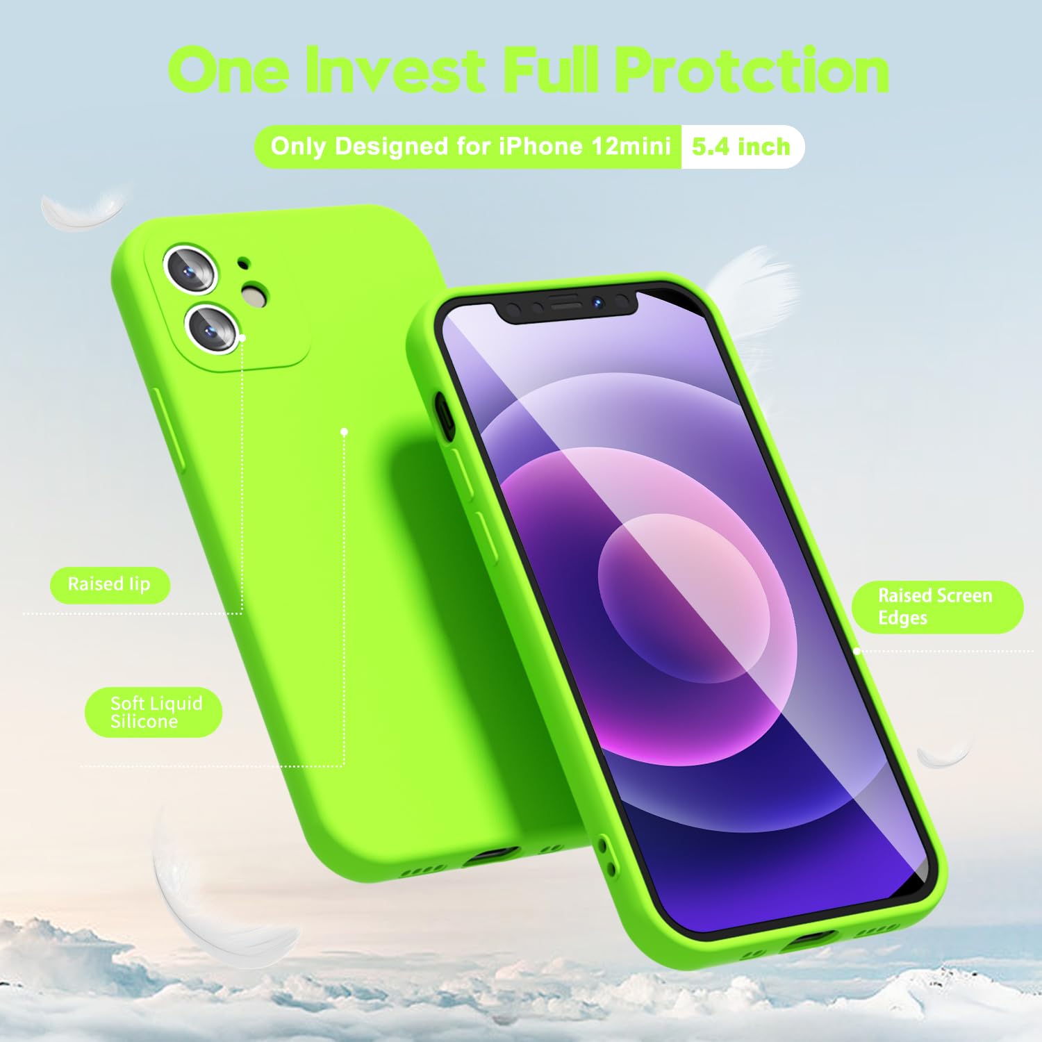 Oakxco For Iphone 12 Mini Case Liquid Silicone, Fluorescent Bright Solid Color, Soft Rubber Gel Elegant Aesthetic Cover, Slim Tp
