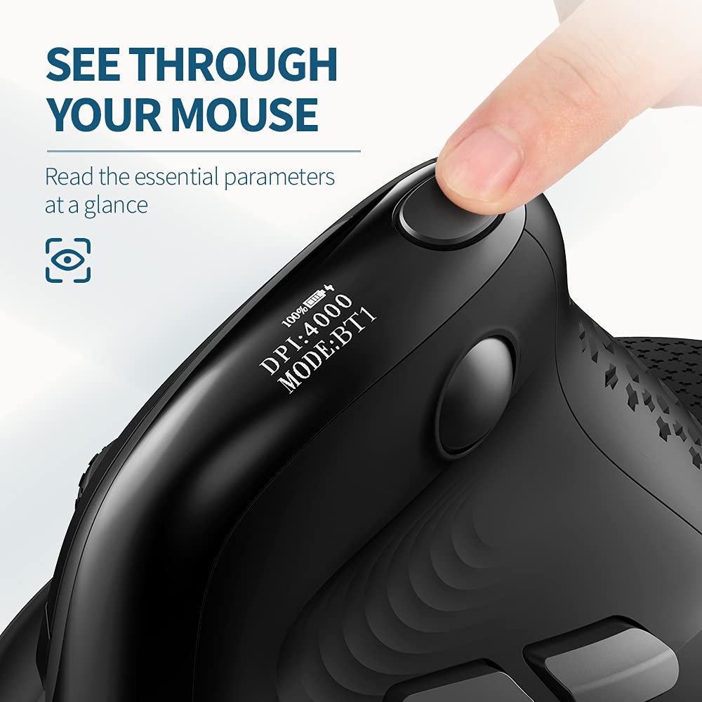 Delux Seeker Wireless Ergonomic Vertical Mouse With Oled Screen, Bt And Usb Receiver, Connect With Up To 4 Devices, Thumb Wheel,