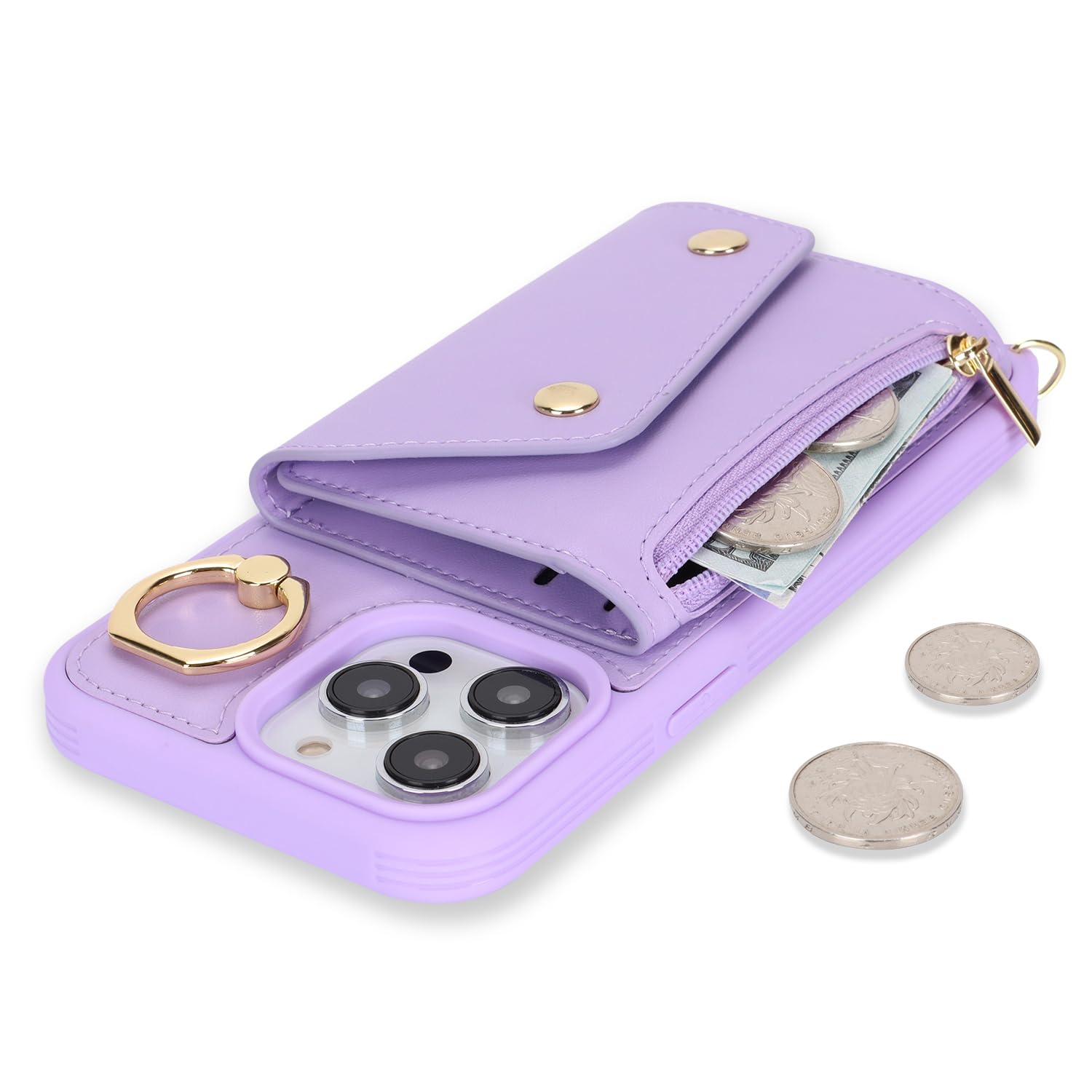 Lipvina For Iphone 15 Pro Max Case With Card Holder And Strap - Zipper Pocket,Crossbody Lanyard Strap,Credit Card Holder,Stand R