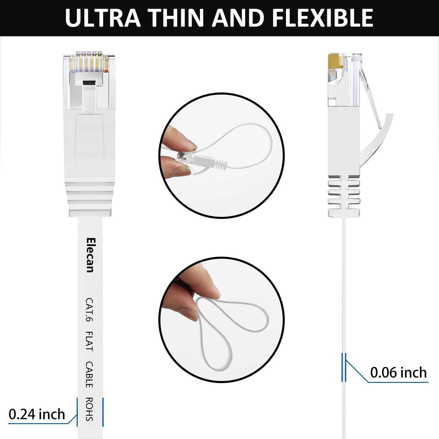Elecan Cat 6 Flat Ethernet Cable 3 Ft/5 Pack, High Speed Slim Short Patch Cables Internet Cables, 30 Awg Pure Copper 10Gbps 500M