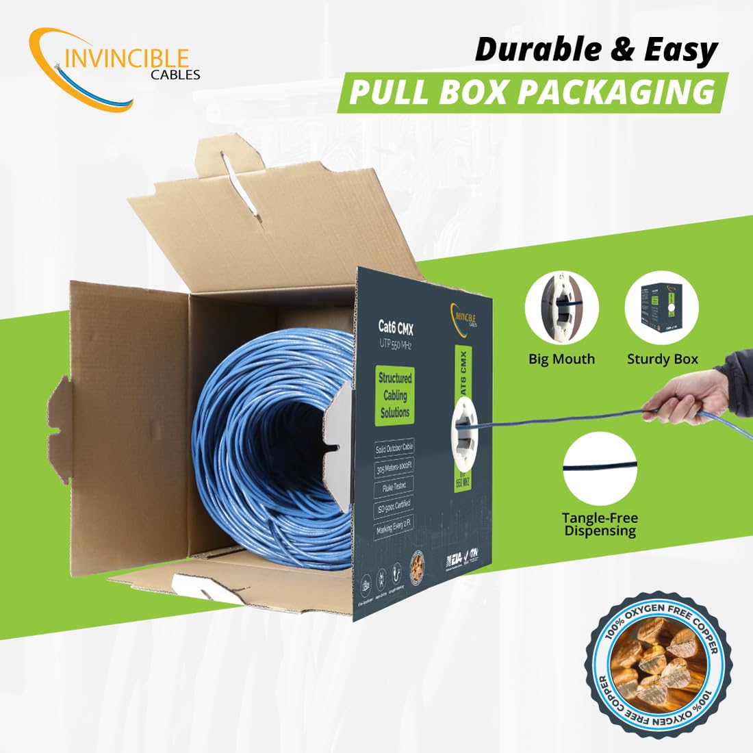 Invincible Cables Cat6 Outdoor (Cmx) 1000Ft Cable | 100% Solid Copper Conductors | 550 Mhz, 23Awg 4 Pair, Utp | Poe++ Compatible