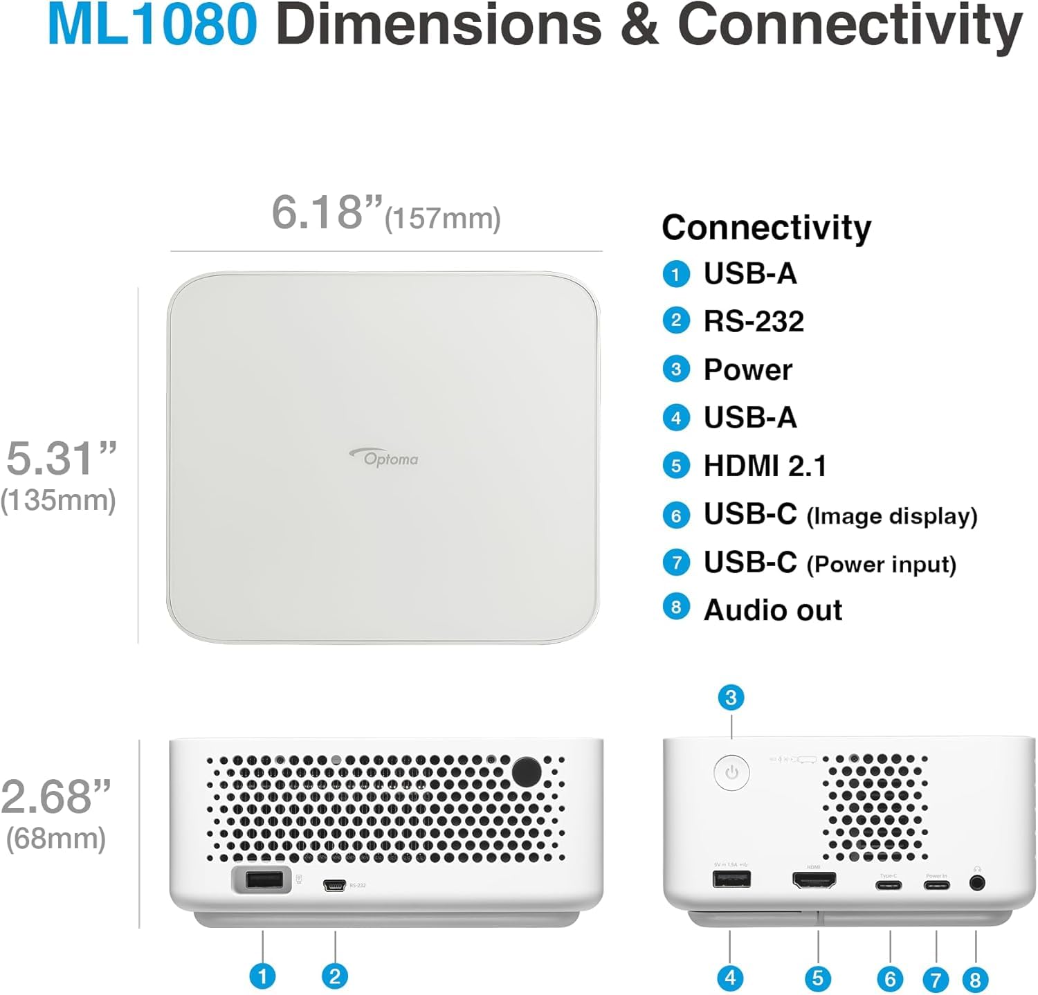 Optoma Ml1080 Ultra Portable Full Hd Laser Projector, 1200 Lumens