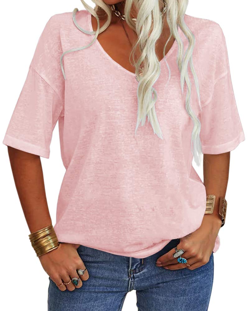 Danedvi Women Fashion V Neck Half Sleeves Oversized T Shirt Solid Casual Loose Basic Tops Pink