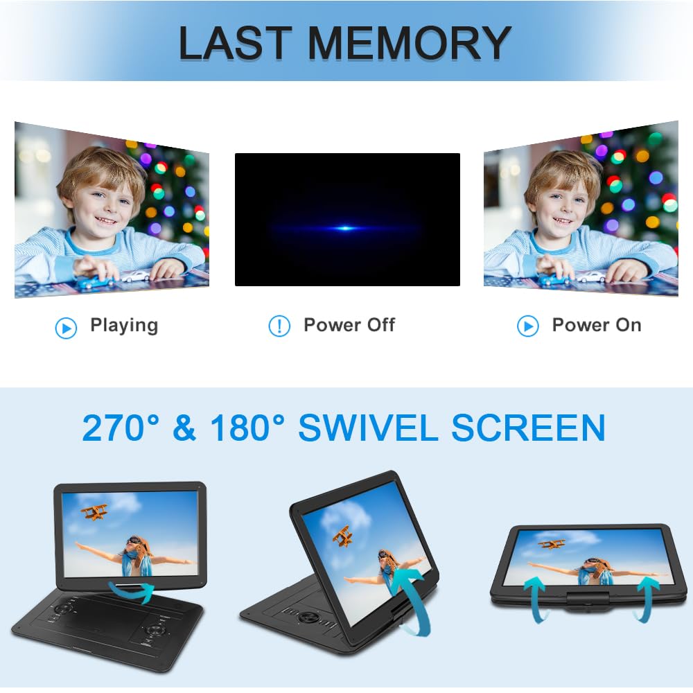 17.9'' Portable Dvd Player With 15.6'' Hd Swivel Large Screen, Dvd Player Portable With 6 Hrs 5000Mah Rechargeable Battery, Sync