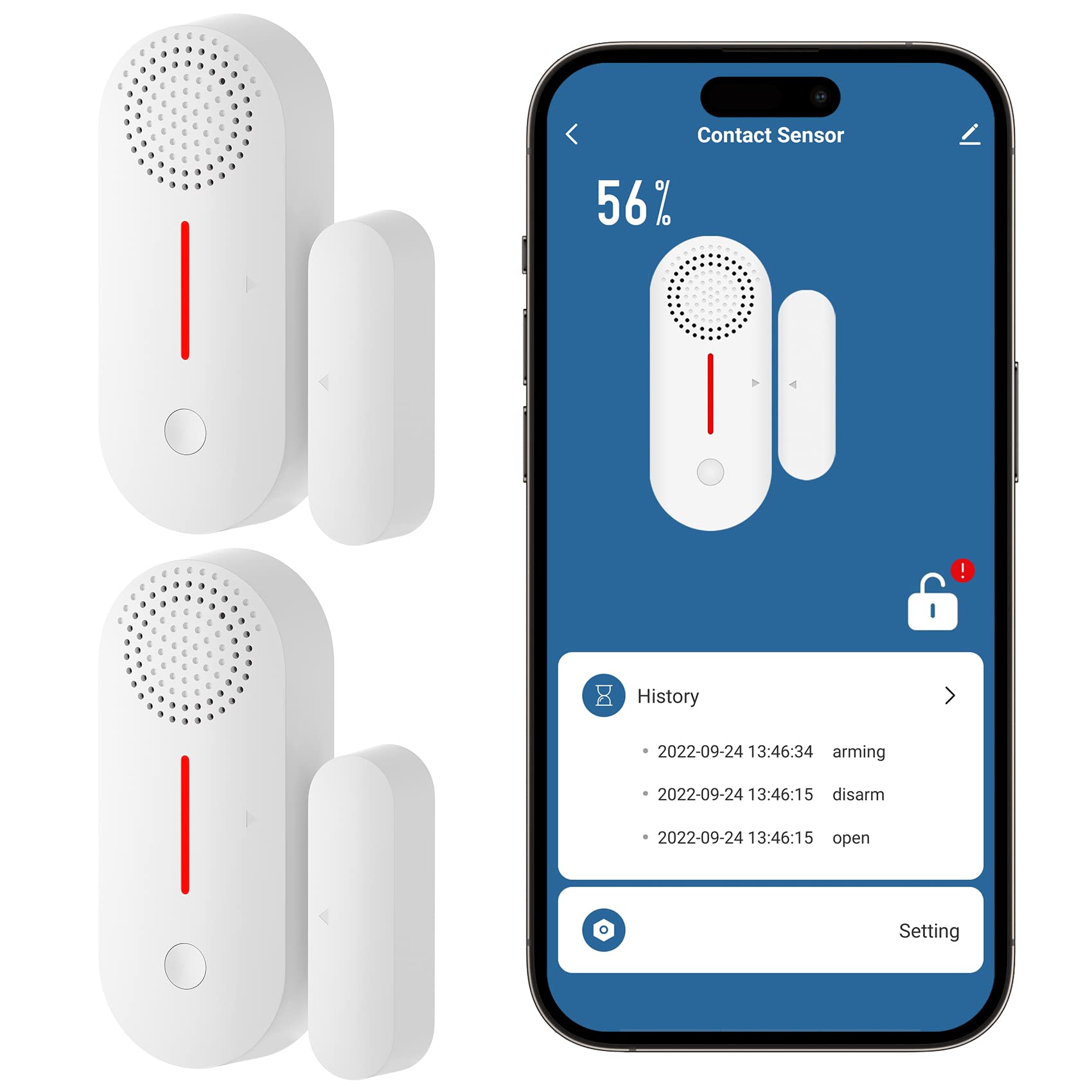Erdiegle Wifi Door/Window Alarm Sensor With App 2.4Ghz(With Timer Arm And Disarm/Time Delay) Sound Adjustable Work With Alexa Go