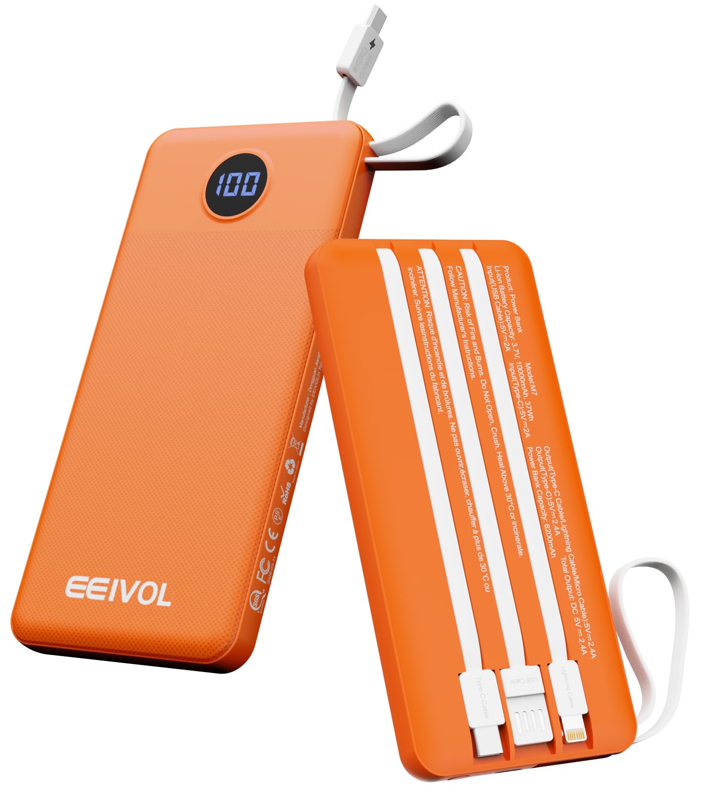 EEIVOL Portable Charger with Built in Cables, Slim 10000mAh Power Bank, USB C Battery Pack Travel, 4 Output 2 Input External Cha