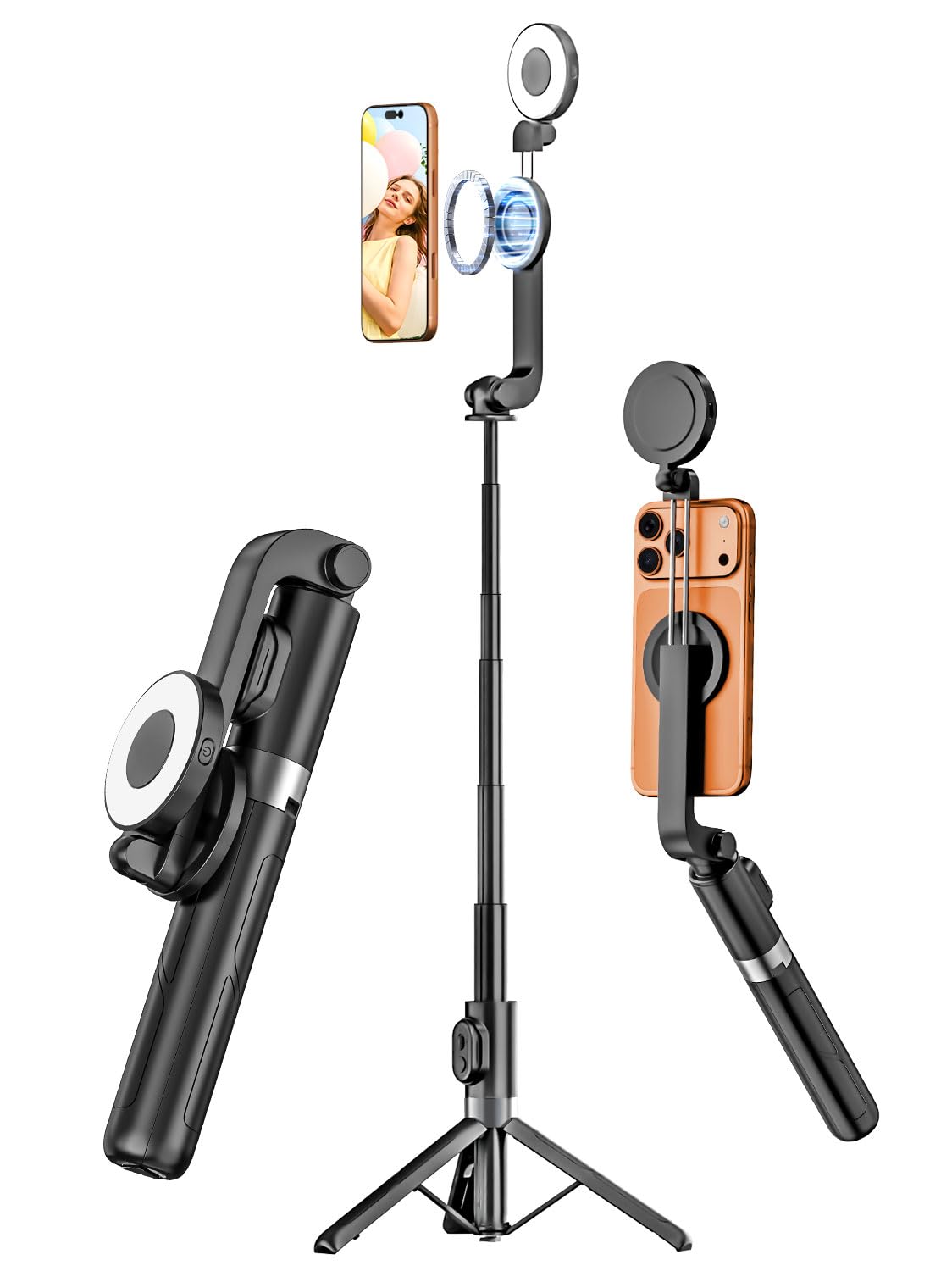 USKEYVISION Magnetic Selfie Stick Tripod with Light & Remote, Phone Tripod with Magnetic Holder for Magsafe, 360 Rotatable Cellp