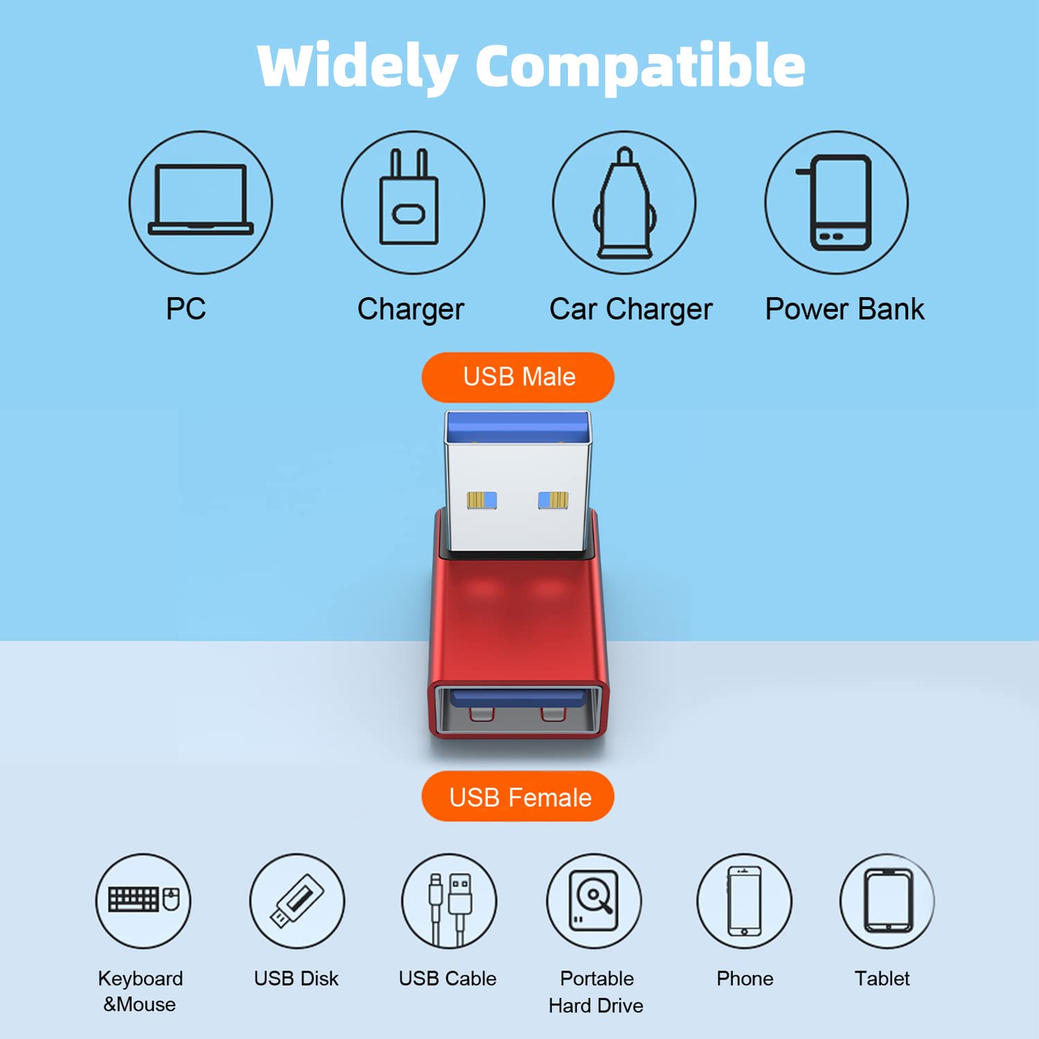 Areme 90 Degree Usb 3.0 Adapter 2 Pack, Up And Down Angle Usb A Male To Female Converter Extender For Pc, Laptop, Usb A Charger, Power Bank And More (Red)