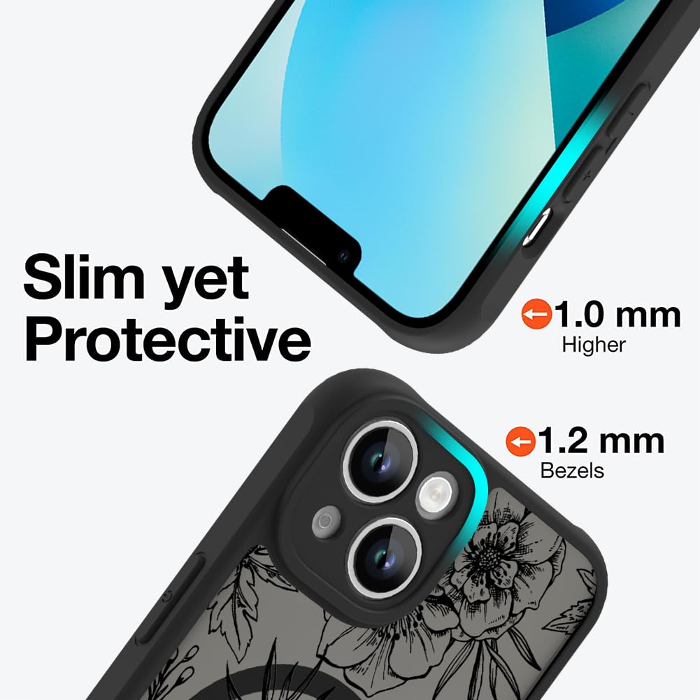 Ook Magnetic For Iphone 13 Case Black Flower Floral Pattern [Compatible With Magsafe] Slim Translucent Matte Camera Lens Protect